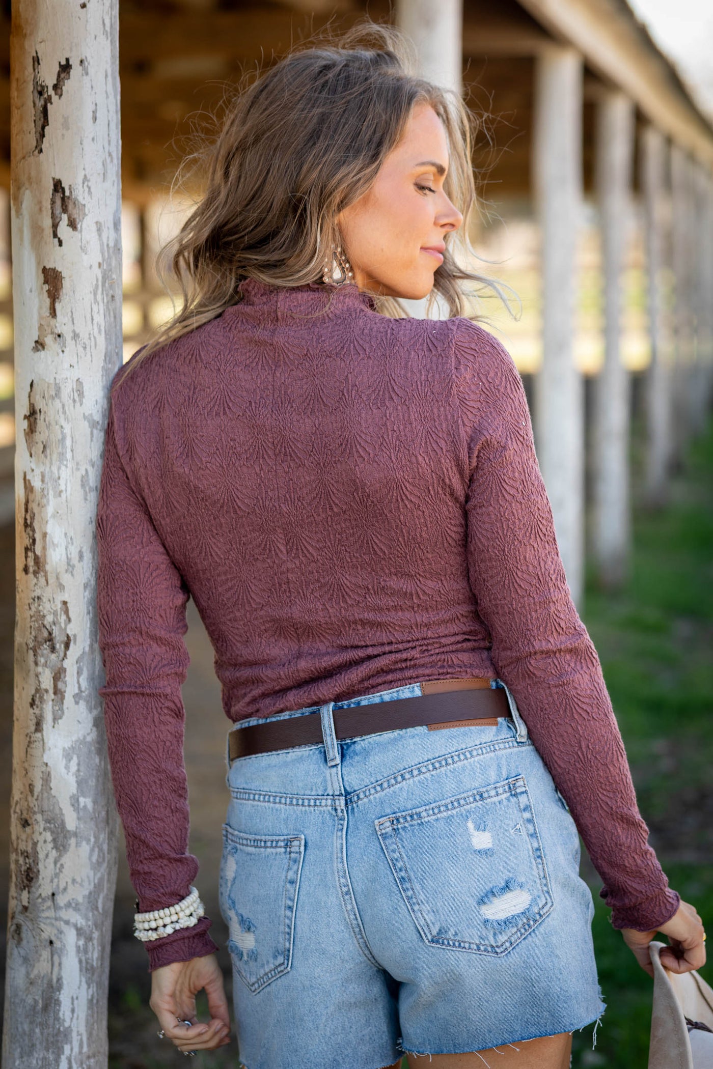 Soft Crinkle Rosewood Long Sleeves Knit Tops