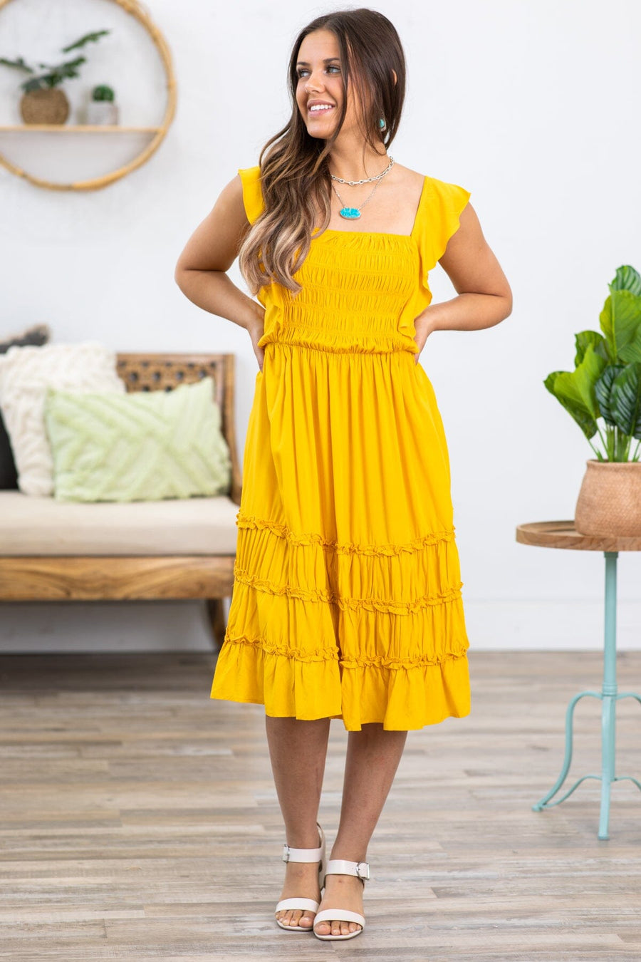 Golden Yellow Smocked Bodice Tie Back Dress - Filly Flair