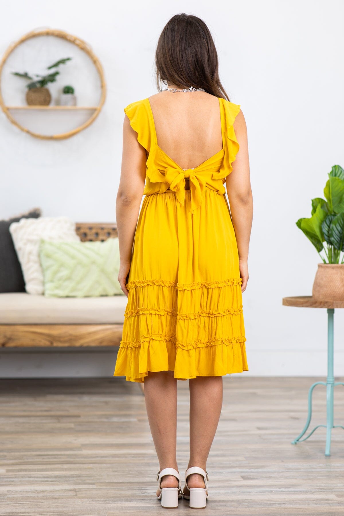 Golden Yellow Smocked Bodice Tie Back Dress - Filly Flair