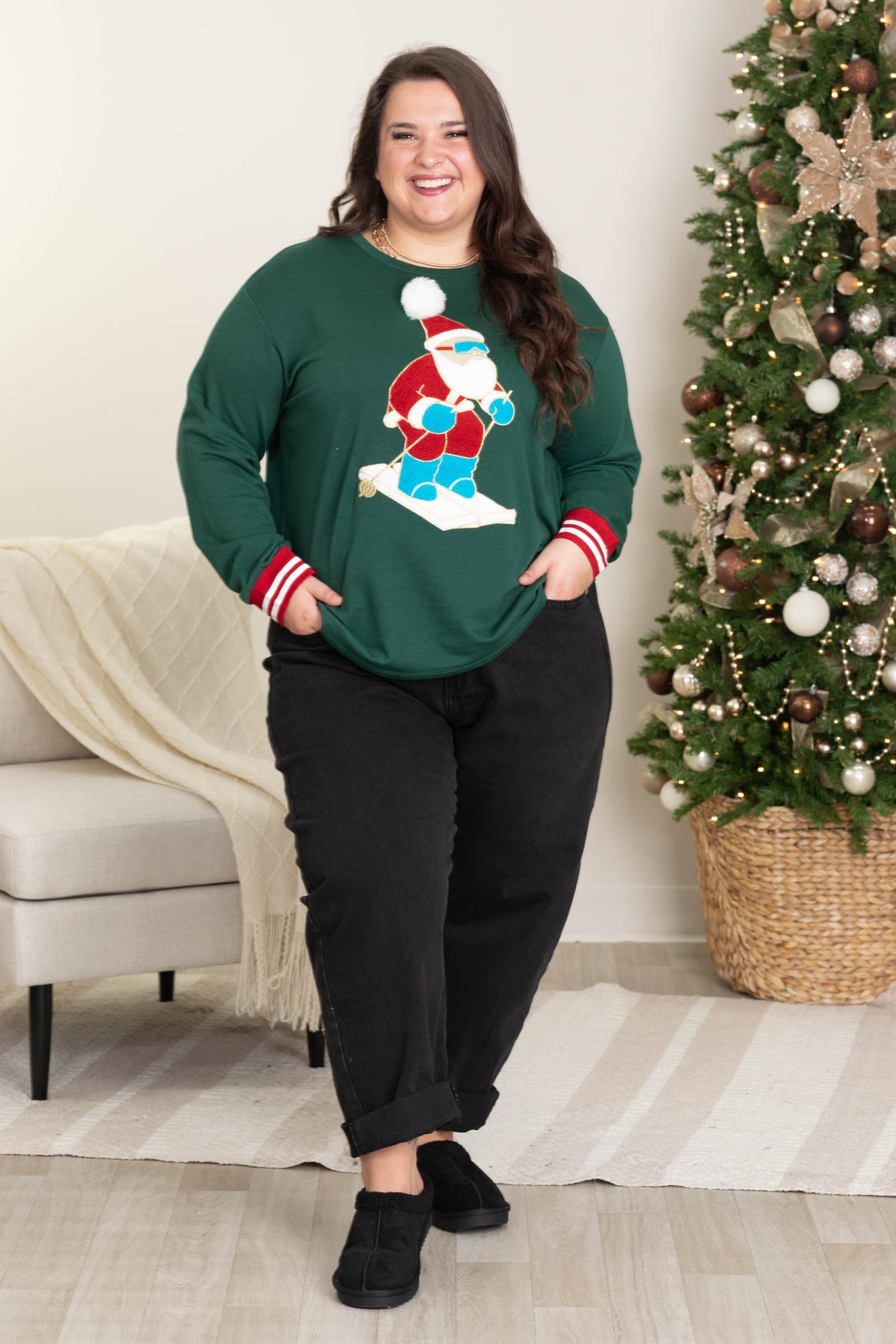 Green Skiing Santa Long Sleeve Knit Top