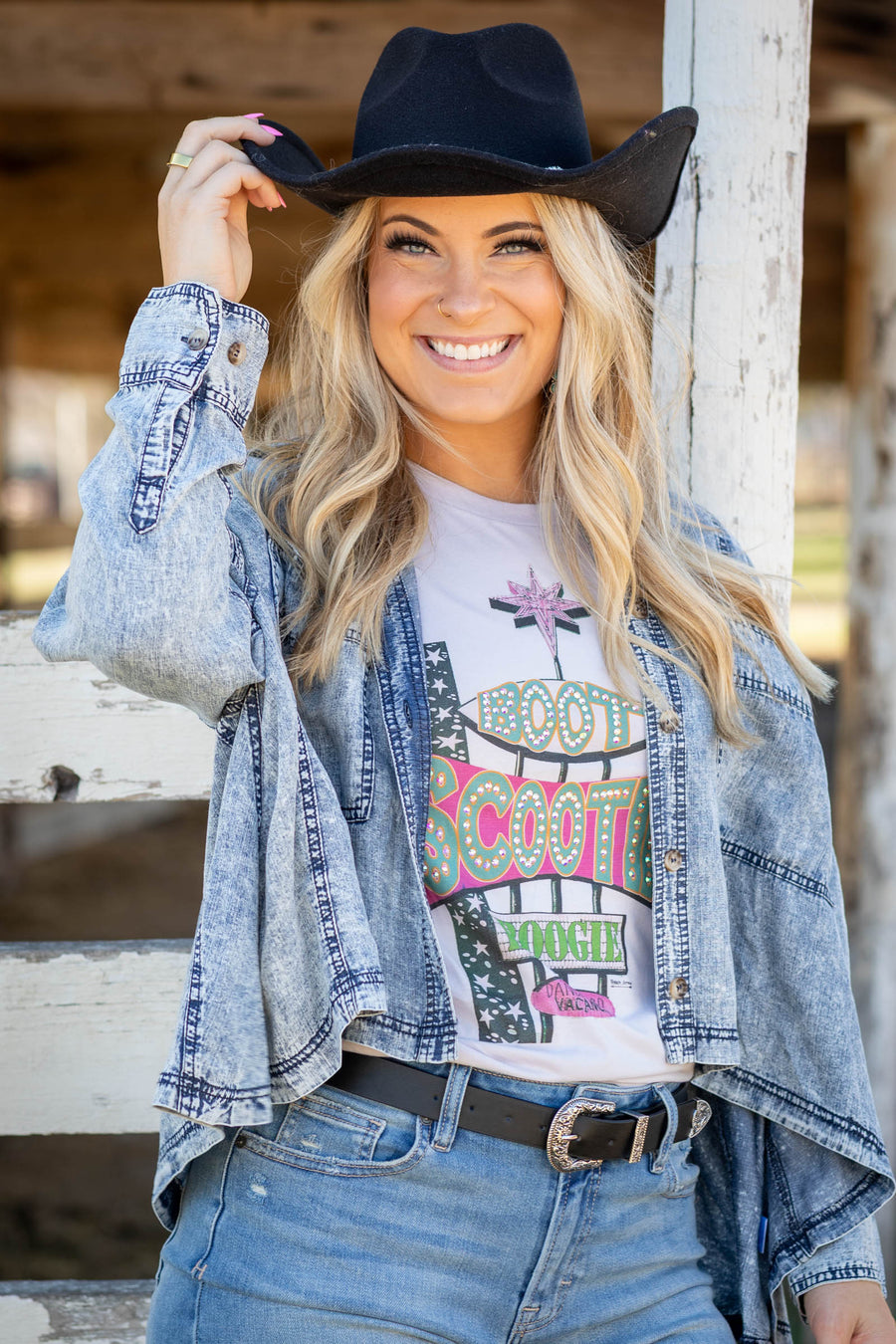 Washed Denim Button Down Button Up Top