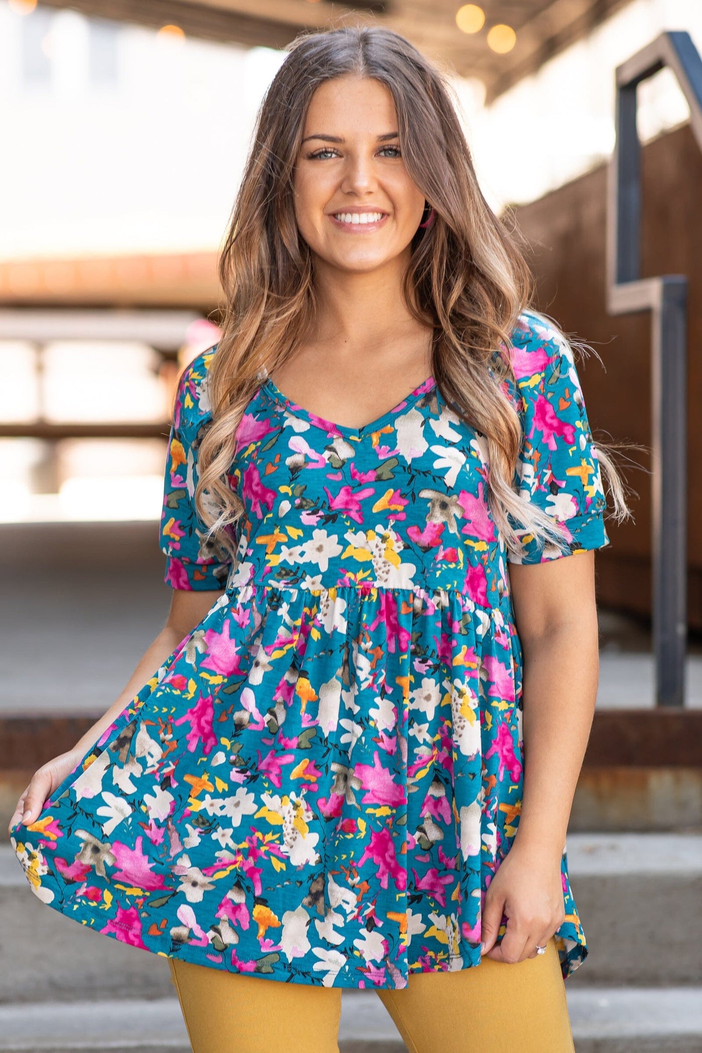 Teal and Fuchsia Floral Print Babydoll Top - Filly Flair