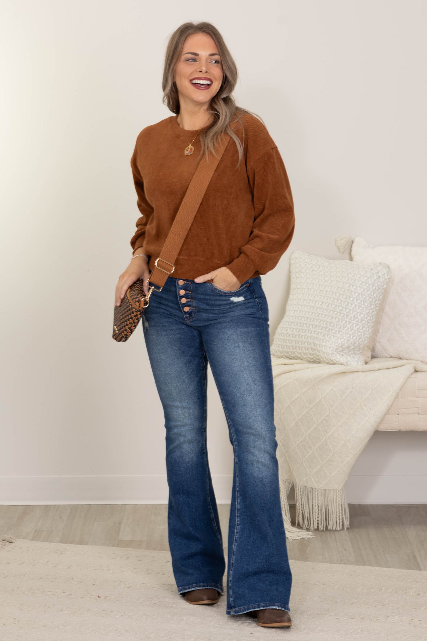 Relaxed Ribbed Corduroy Long Sleeve Knit Tops