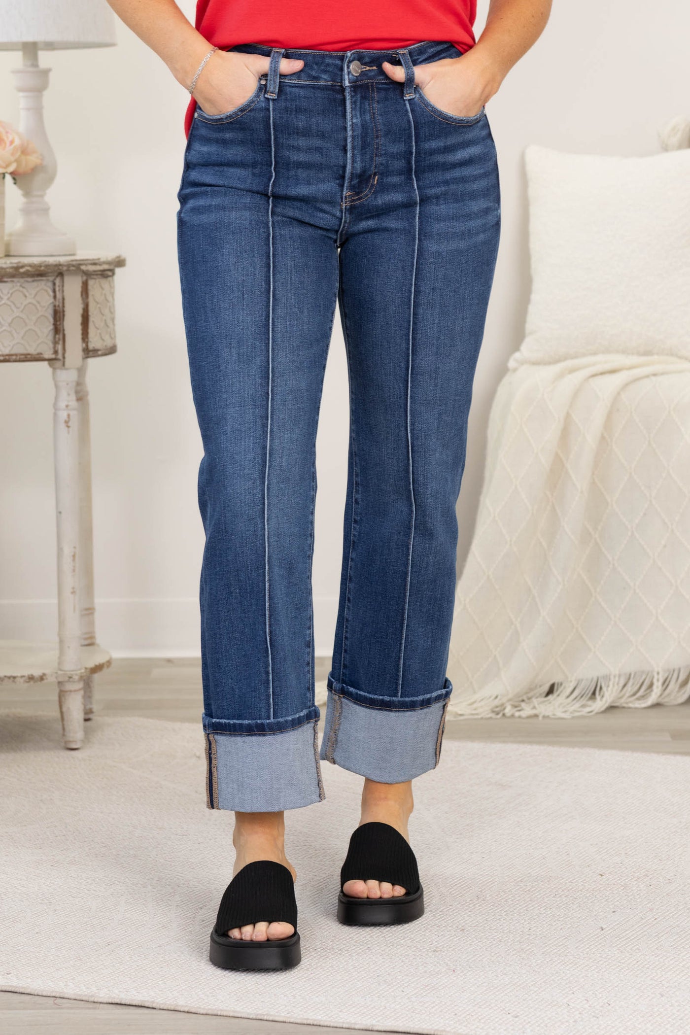 Risen Dark Wash Ankle Straight Wide Cuffed Jeans