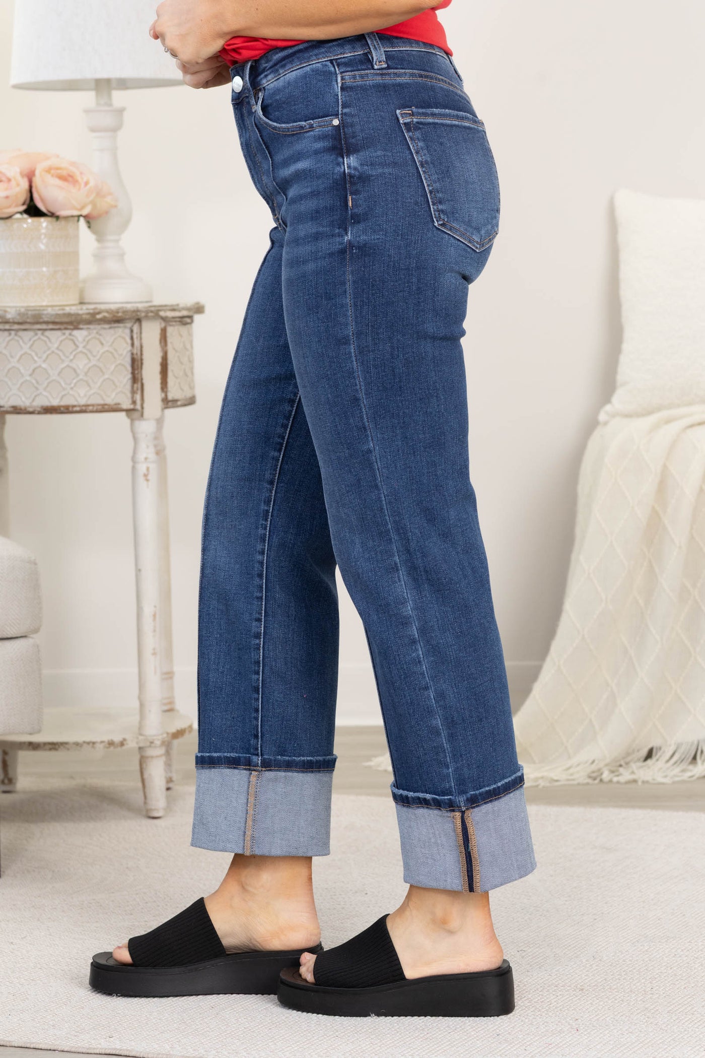 Risen Dark Wash Ankle Straight Wide Cuffed Jeans