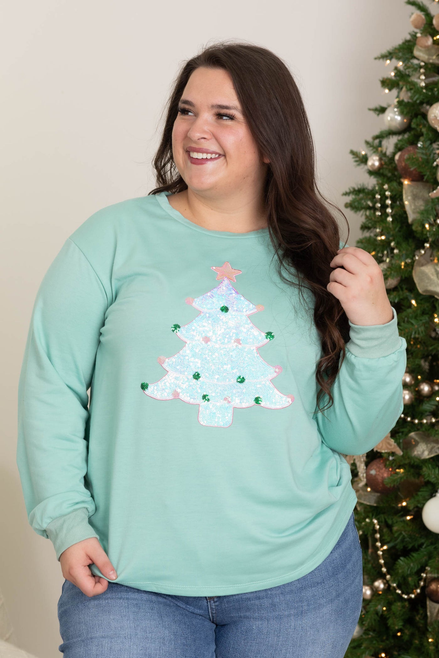 Mint Long Sleeve With Sequin Christmas Tree