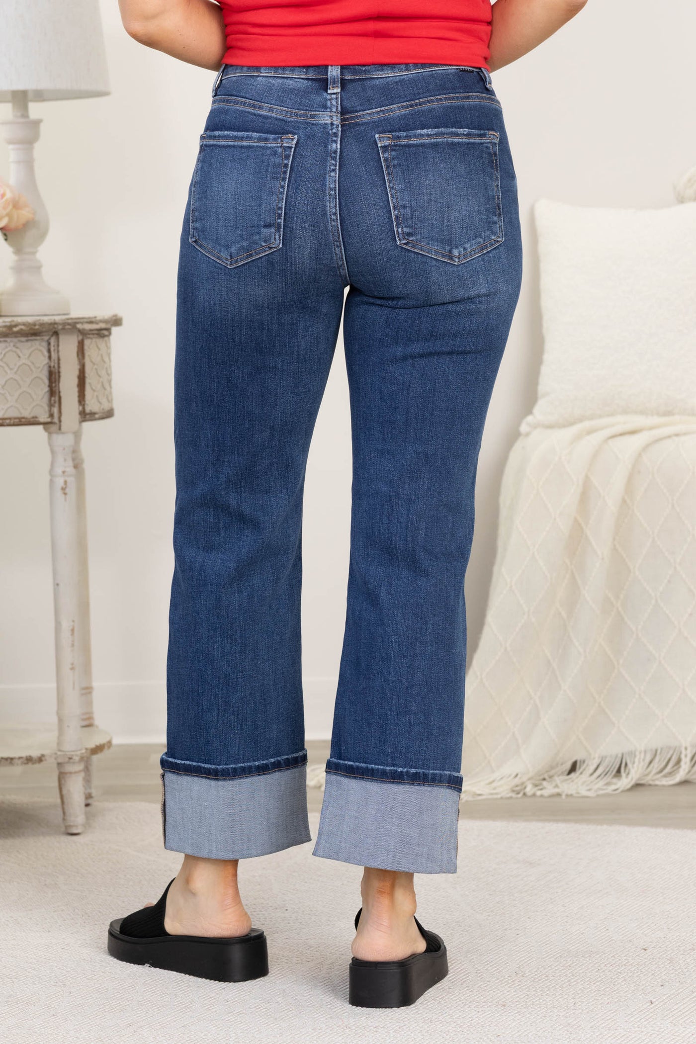 Risen Dark Wash Ankle Straight Wide Cuffed Jeans