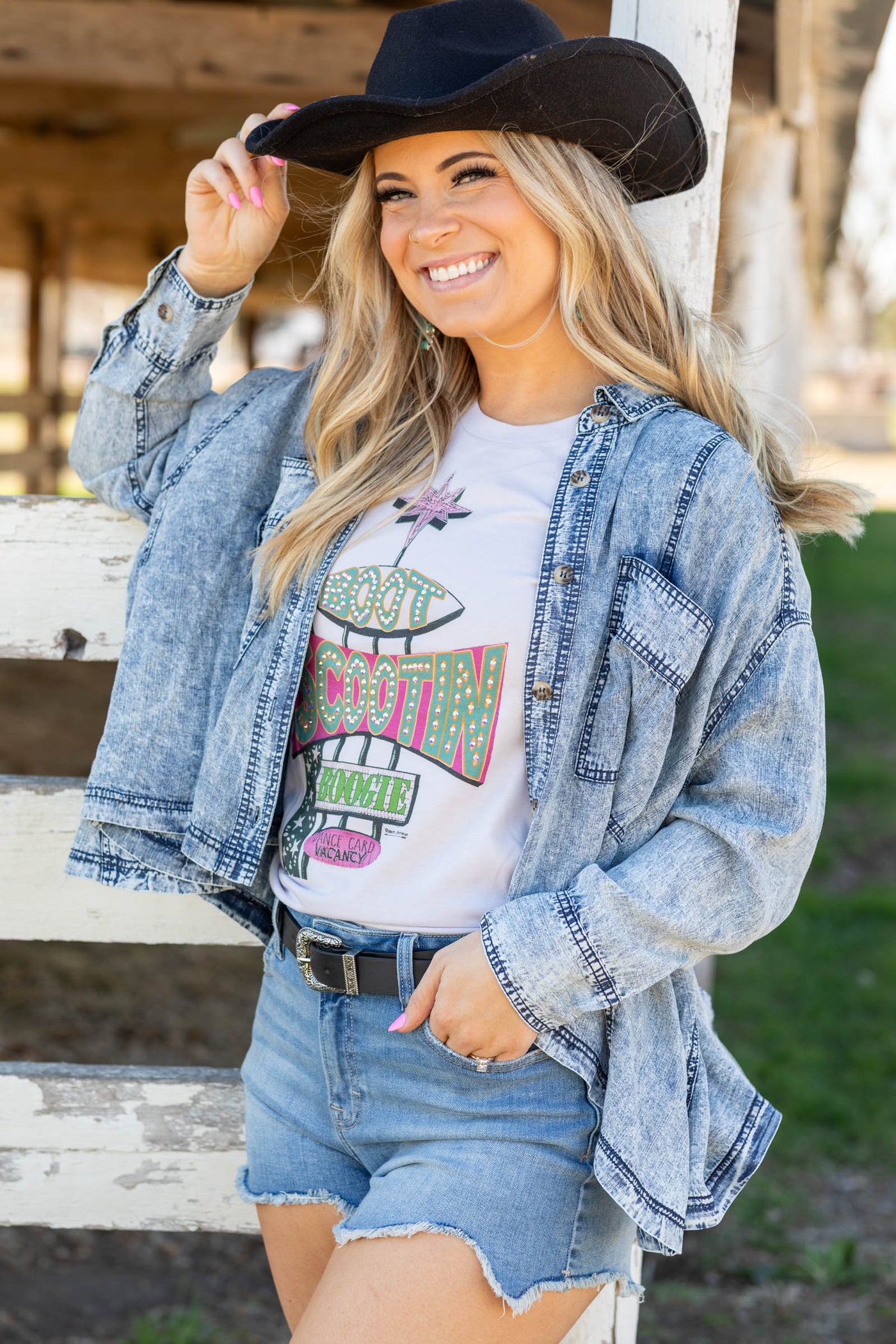 Periwinkle Boot Scootin Rhinestone Graphic Tee- 100% Cotton