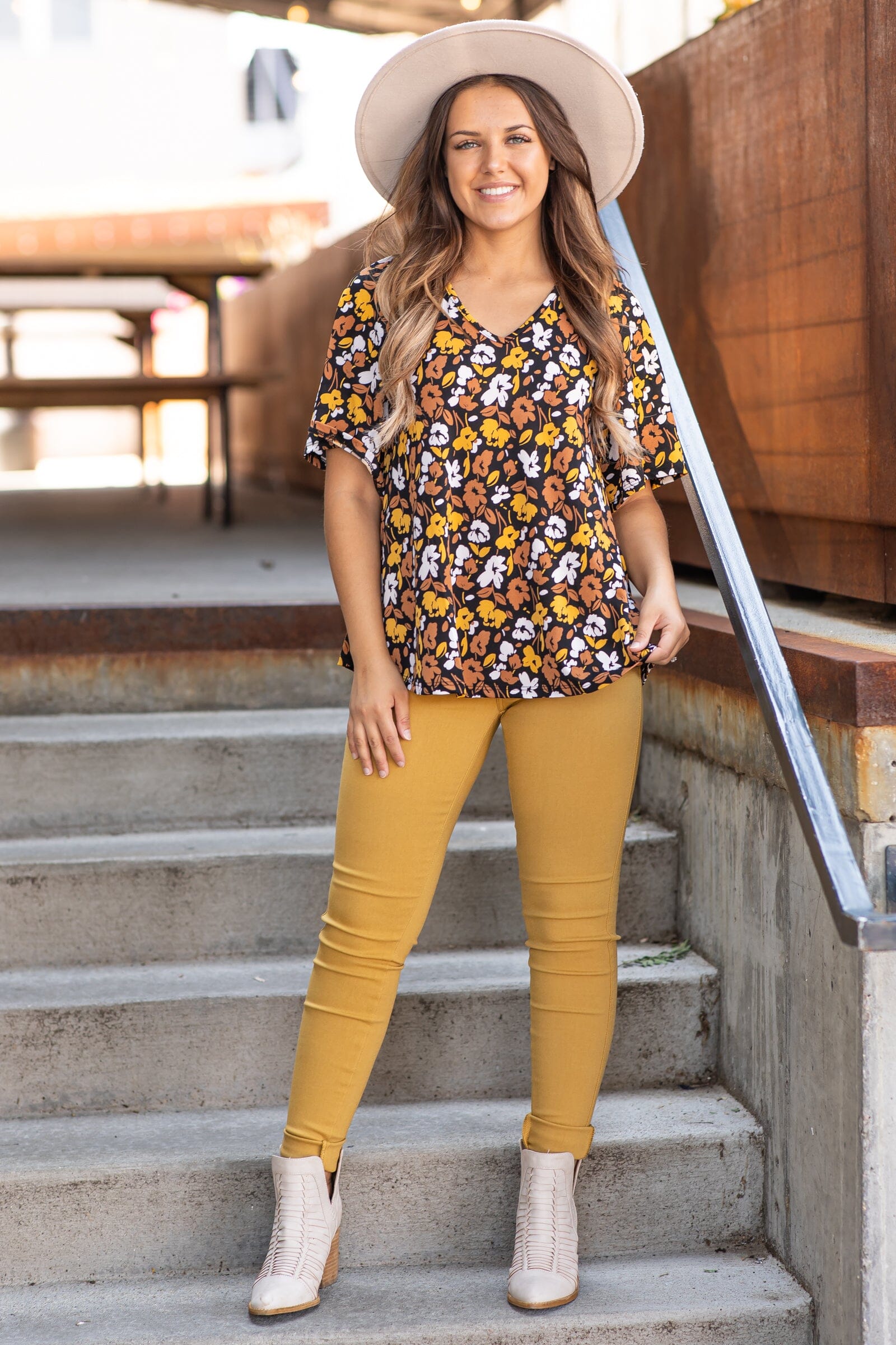 Mustard and Chestnut Floral Print Top - Filly Flair