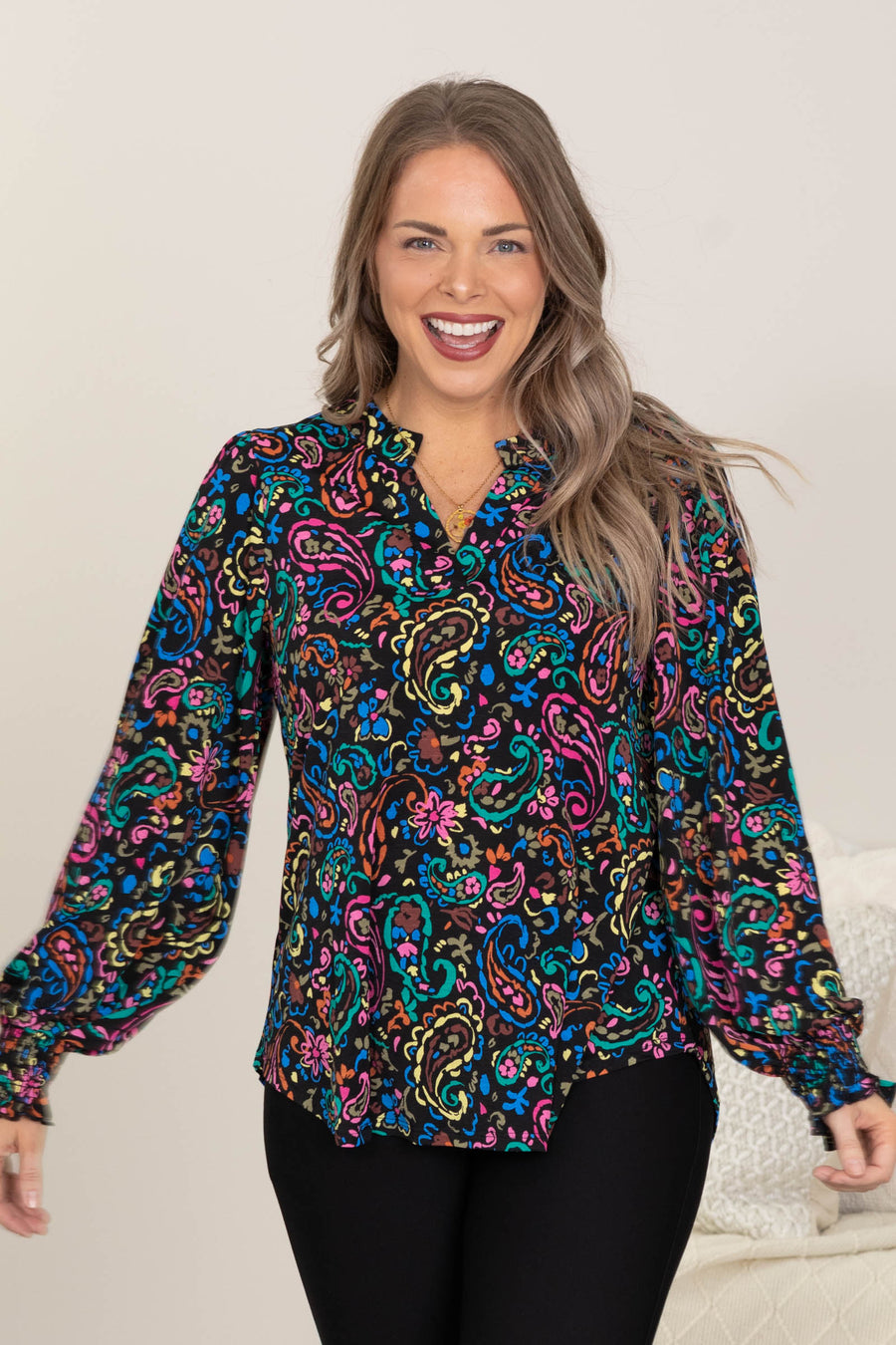 Black Multicolor Wrinkle Free Long Sleeve Top