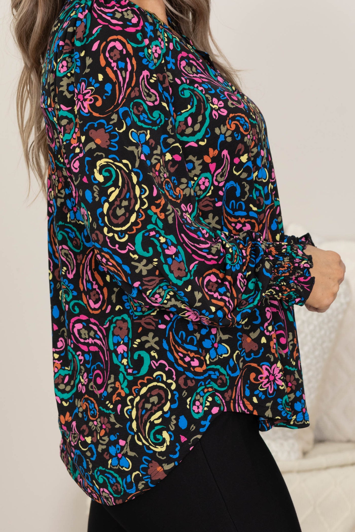 Black Multicolor Wrinkle Free Long Sleeve Top