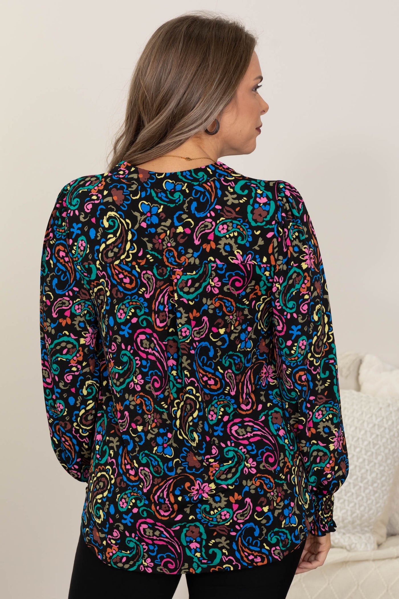 Black Multicolor Wrinkle Free Long Sleeve Top