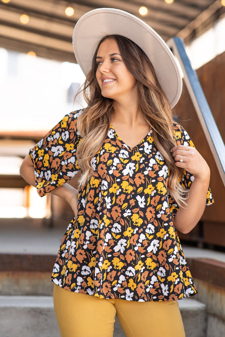 Mustard and Chestnut Floral Print Top - Filly Flair