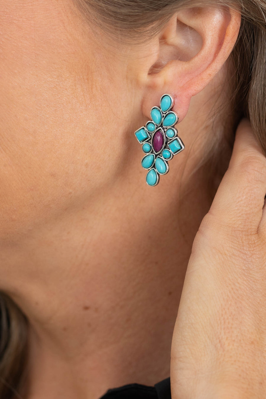 Dainty Turquoise and Plum Cluster Post Earrings