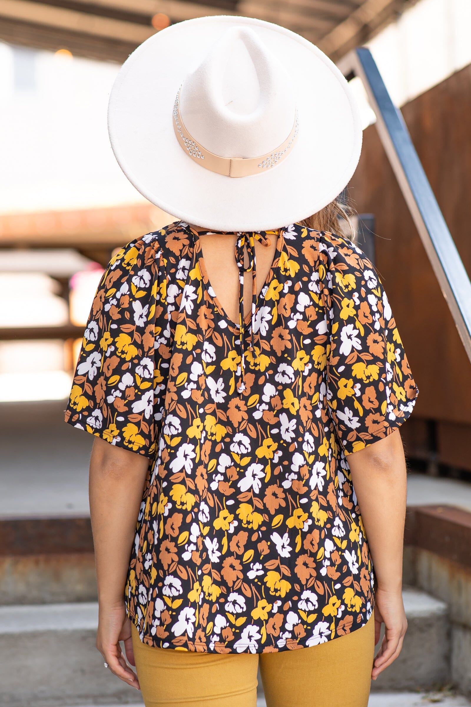 Mustard and Chestnut Floral Print Top - Filly Flair