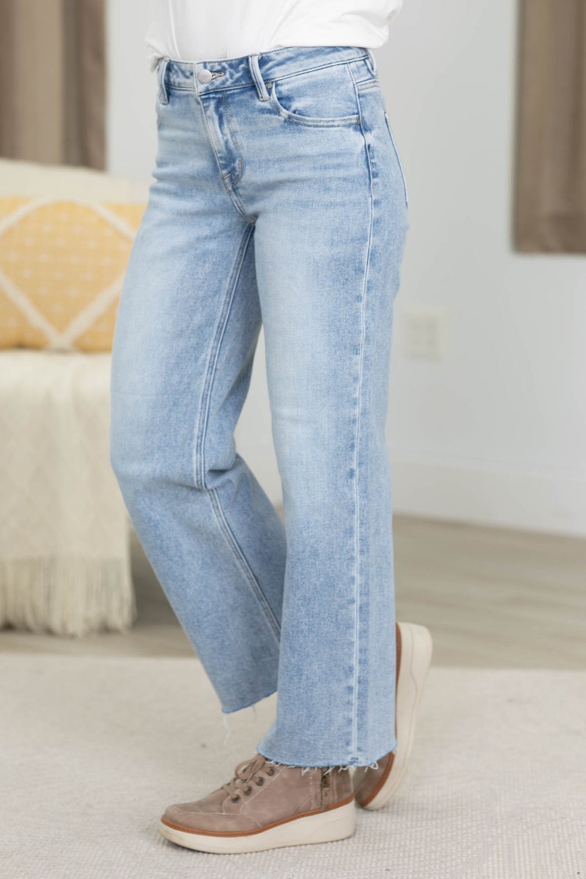 Risen Light Wash Mid Rise Crop Straight Jeans
