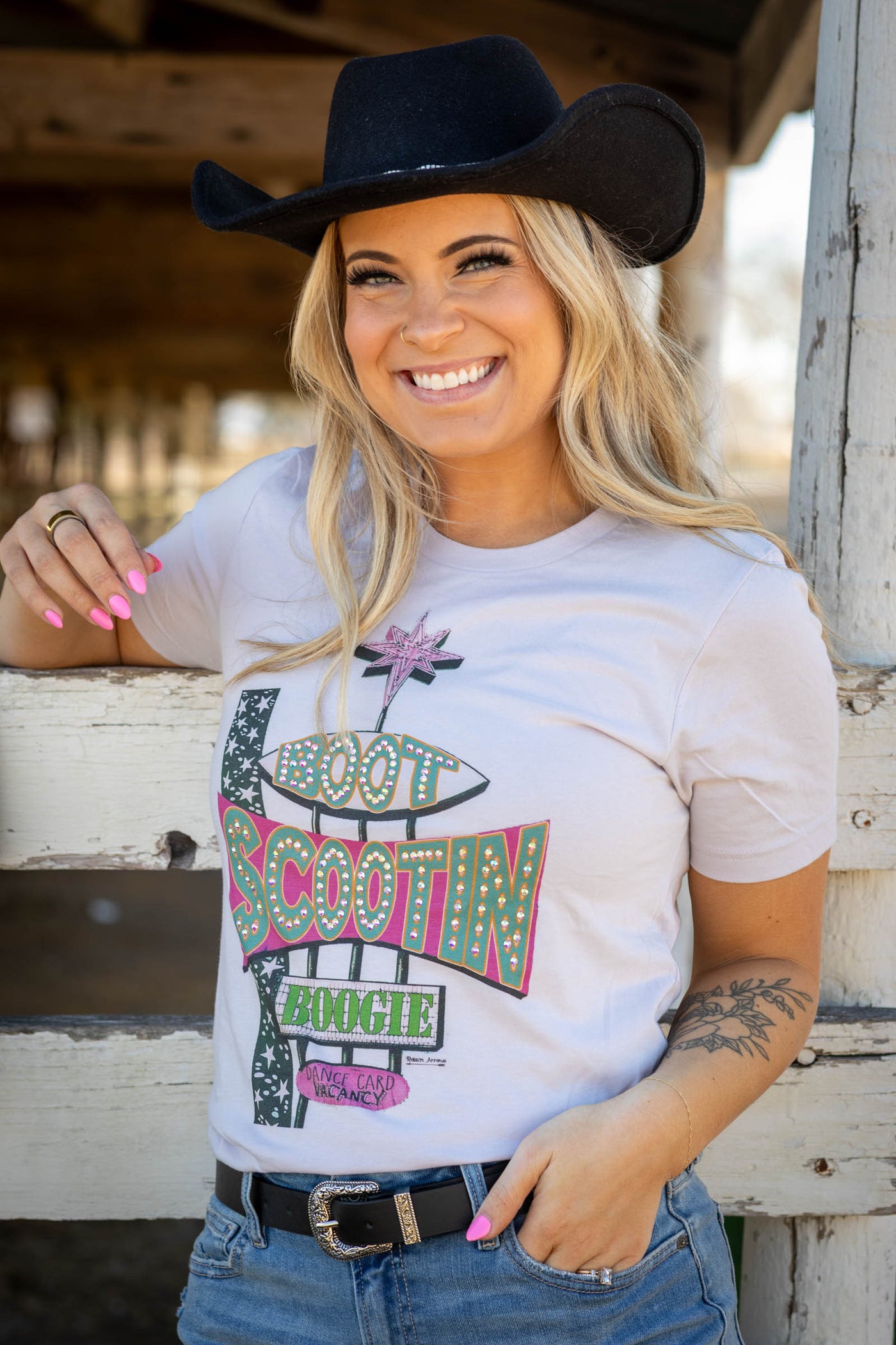 Periwinkle Boot Scootin Rhinestone Graphic Tee- 100% Cotton
