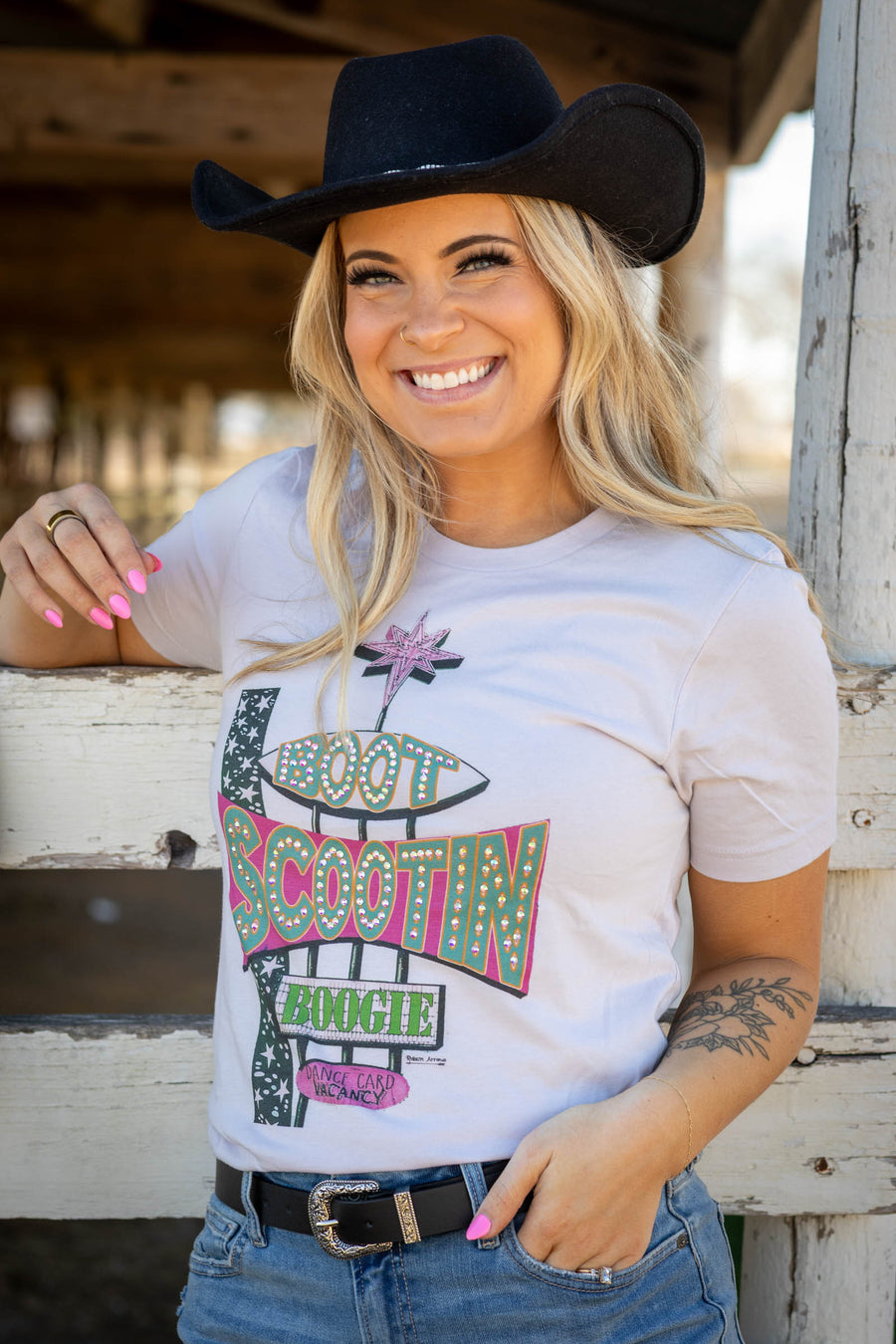 Periwinkle Boot Scootin Rhinestone Graphic Tee- 100% Cotton