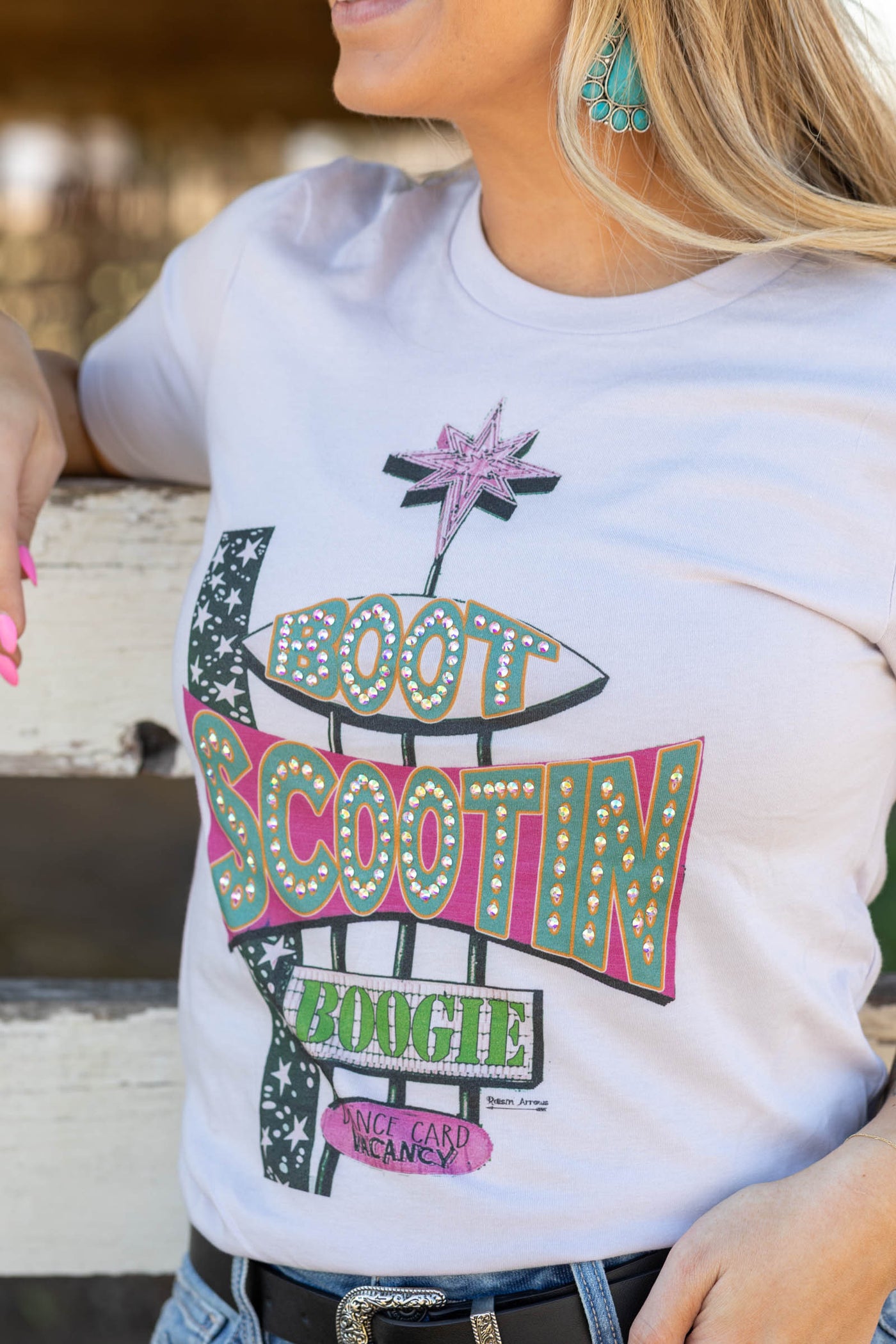 Periwinkle Boot Scootin Rhinestone Graphic Tee- 100% Cotton