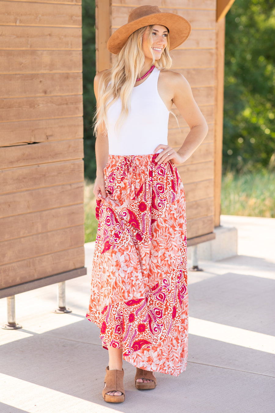 Coral And Orange Floral Print Woven Skirt
