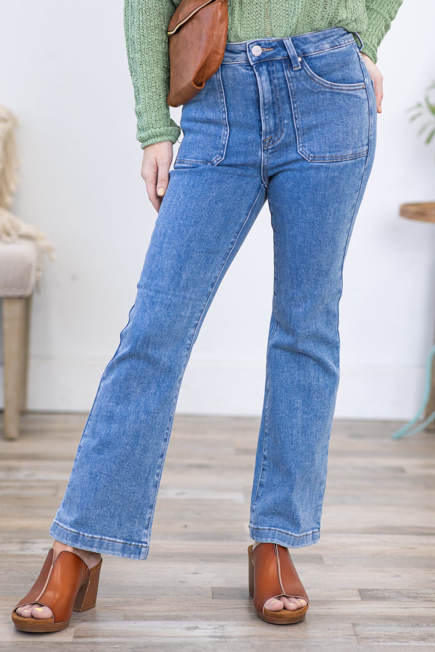 Risen Front Patch Pocket Ankle Flare Jeans