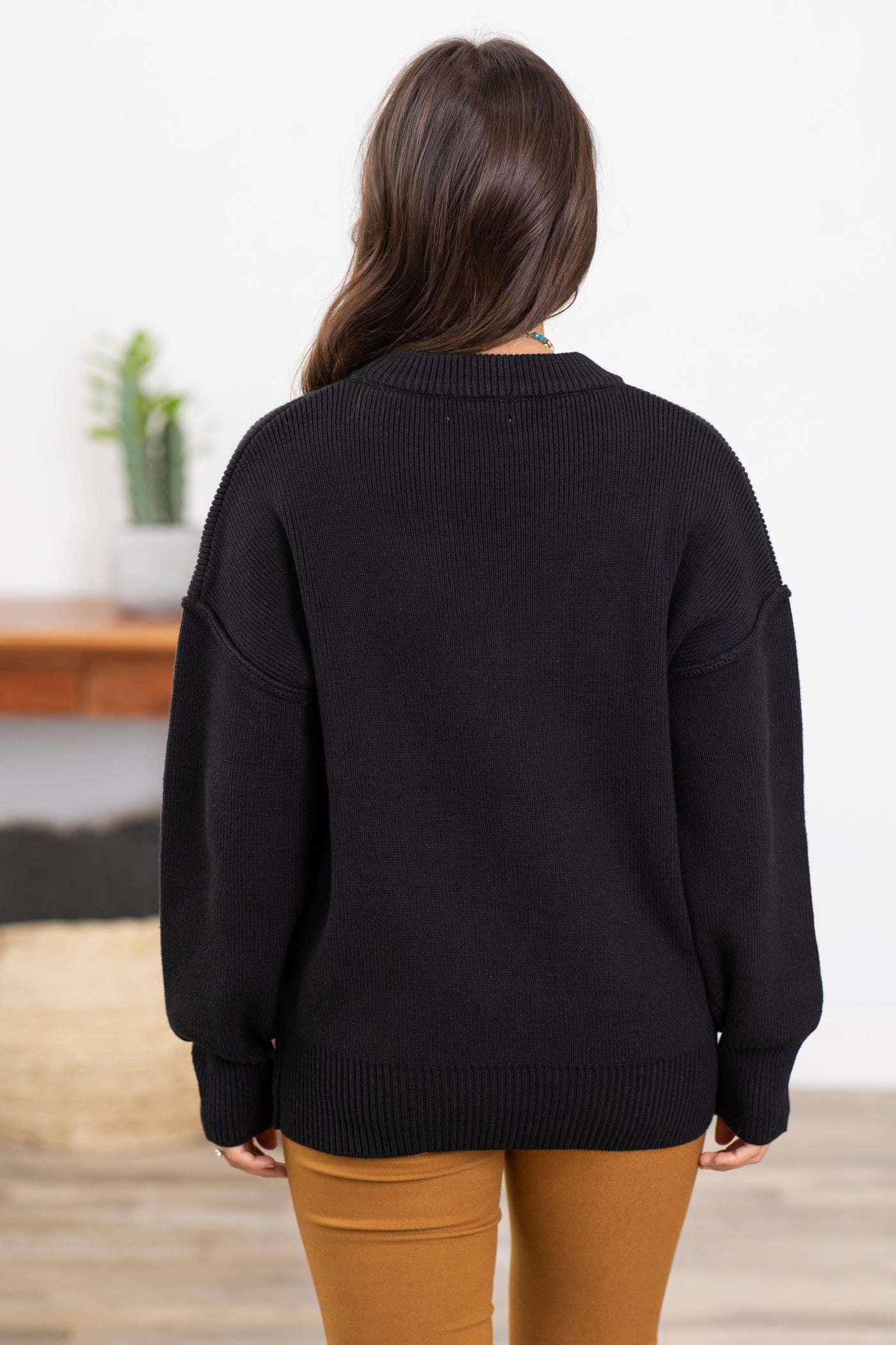 Black Drop Shoulder Ribbed Trim Sweater