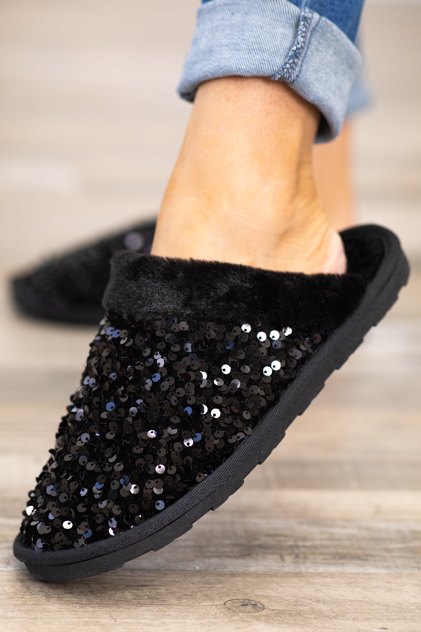 Black Faux Fur Slippers With Sequins