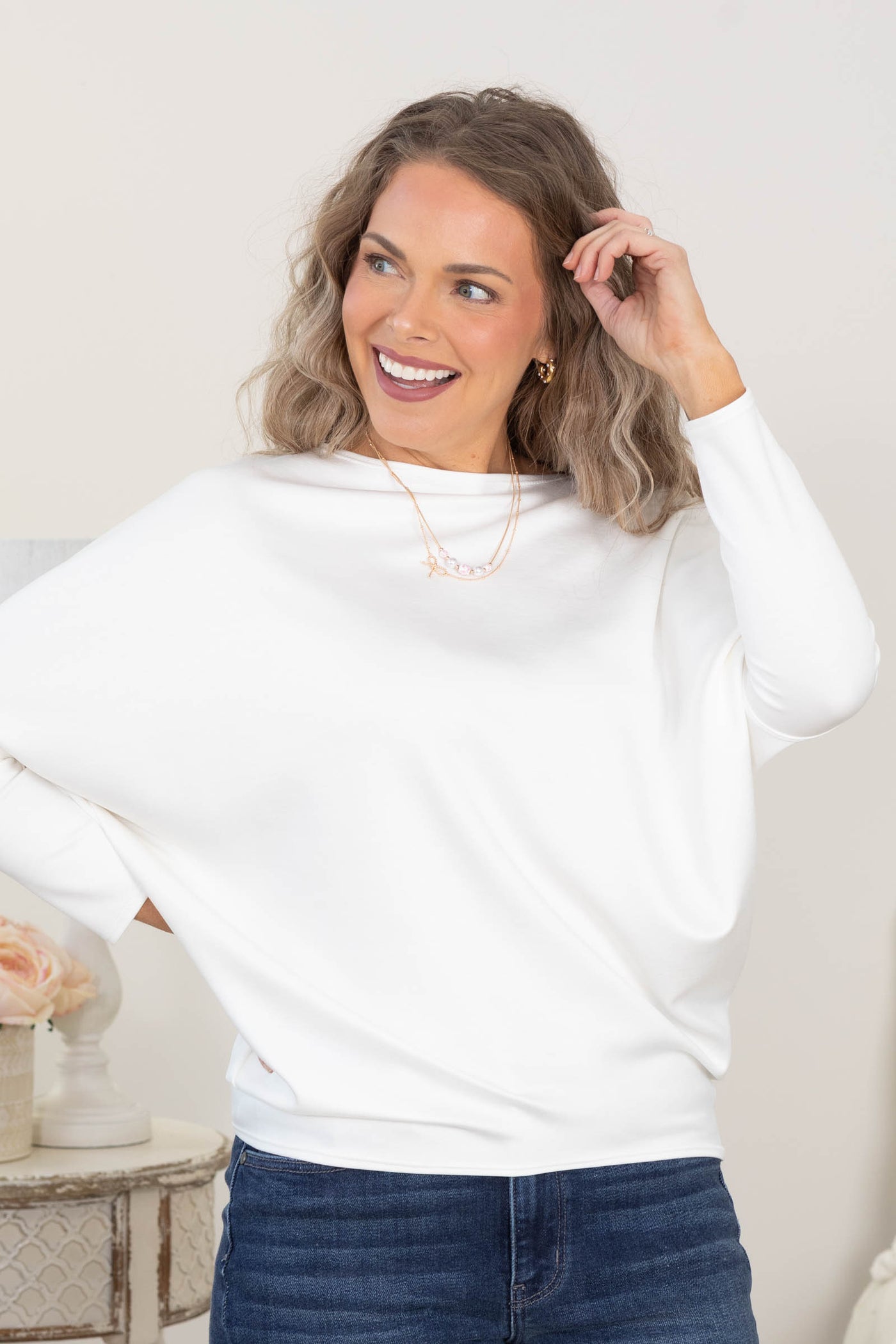 Scuba Boatneck Dolman Long Sleeve Knit Tops