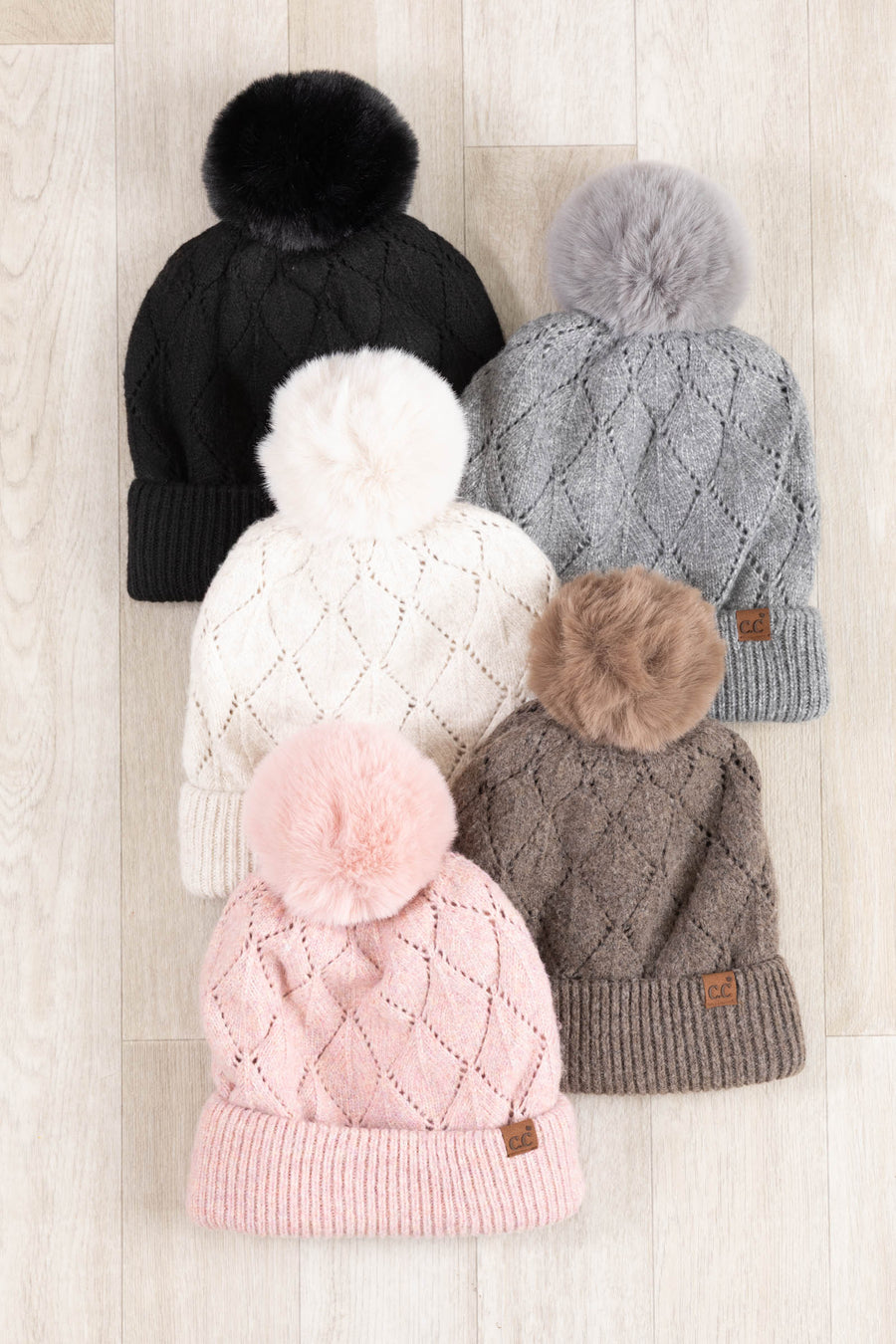 Leaf Pattern Faux Fur Pom Beanies