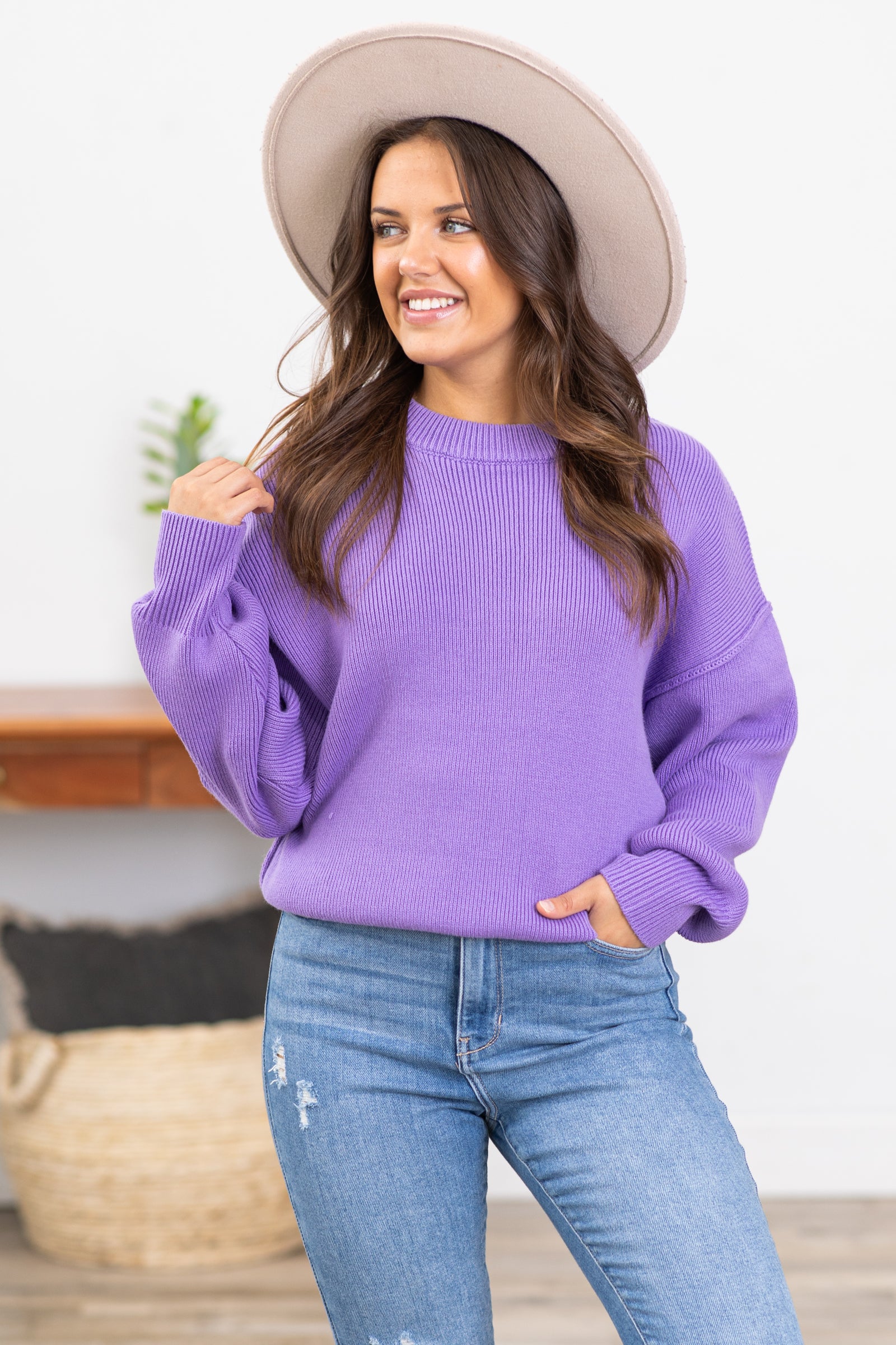 Lavender Drop Shoulder Ribbed Trim Sweater