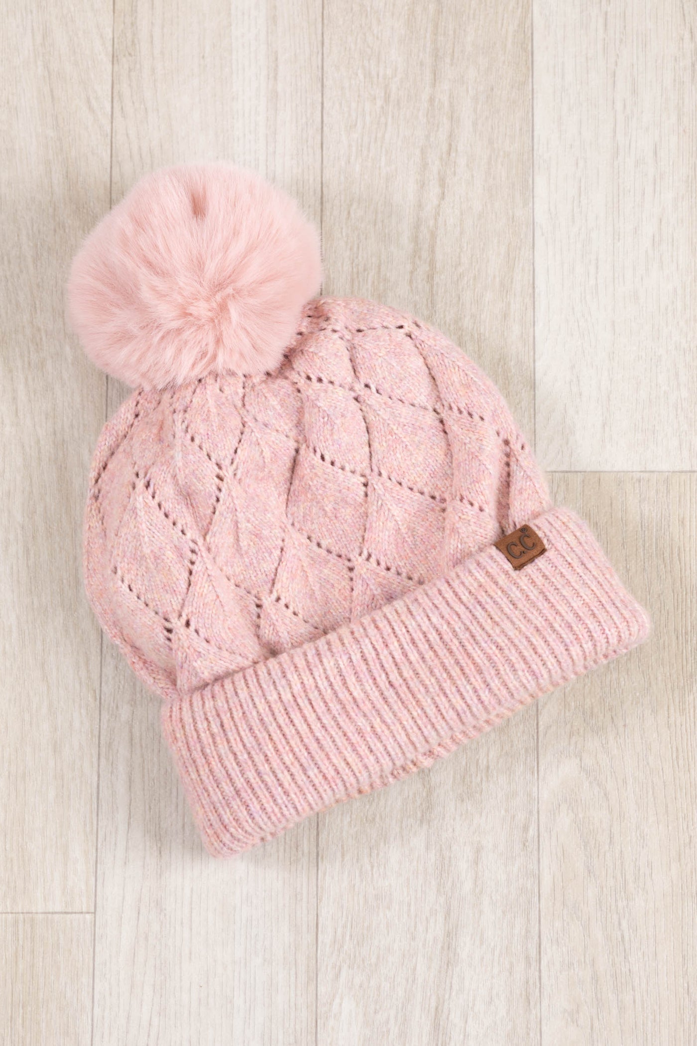 Leaf Pattern Faux Fur Pom Beanies