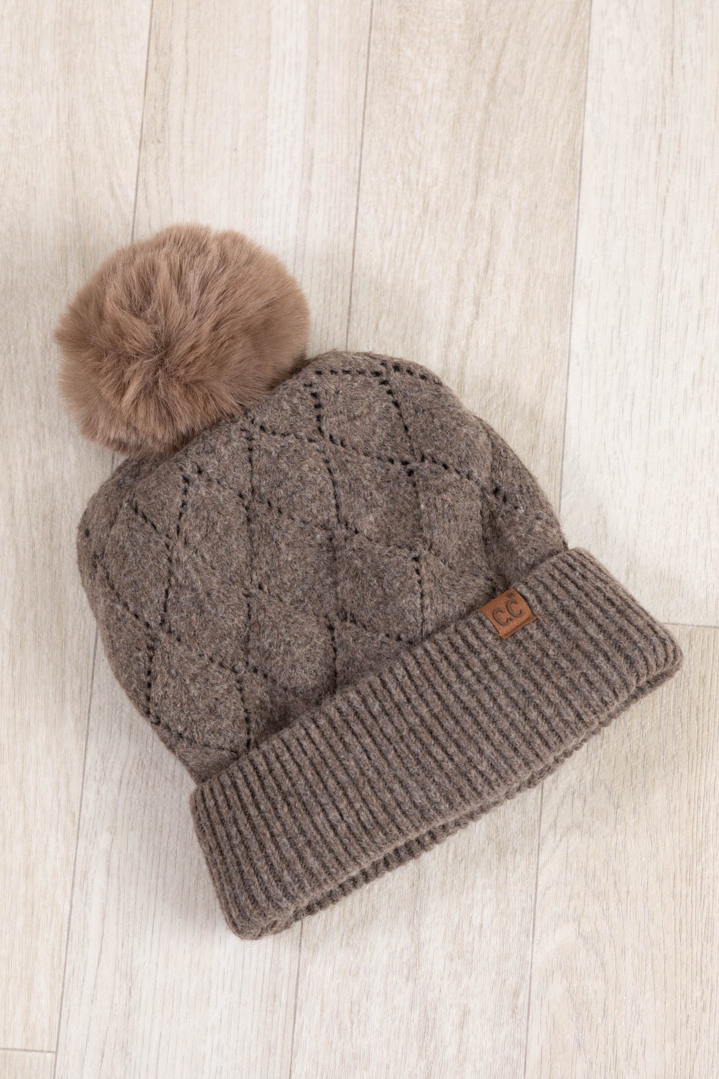 Leaf Pattern Faux Fur Pom Beanies