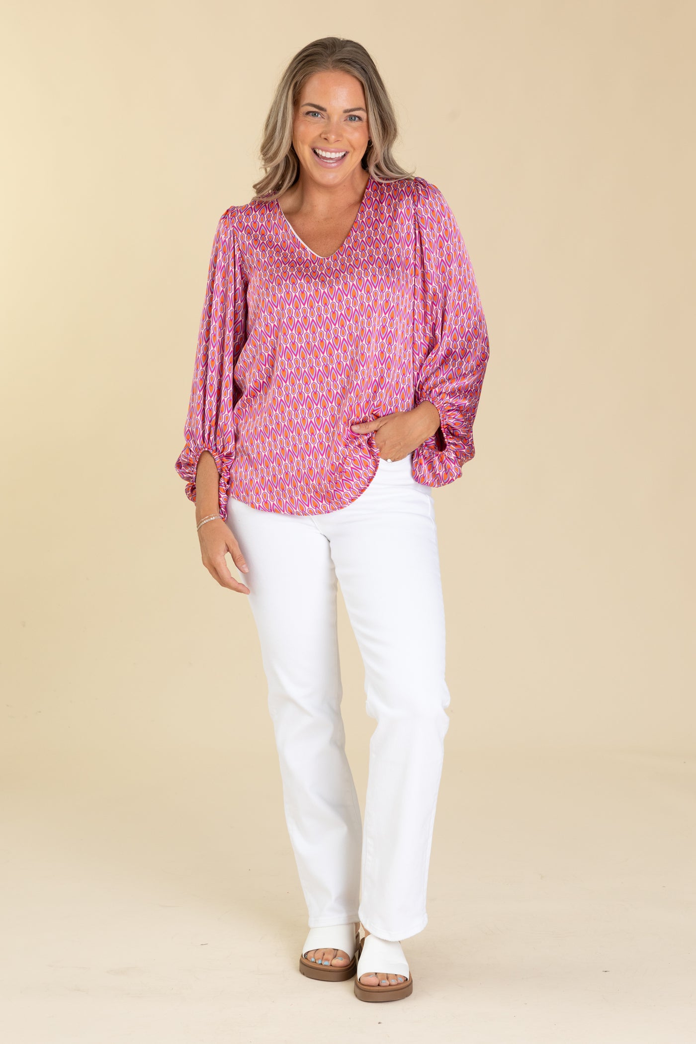 Pink Geometric Print V-Neck Long Sleeve Top