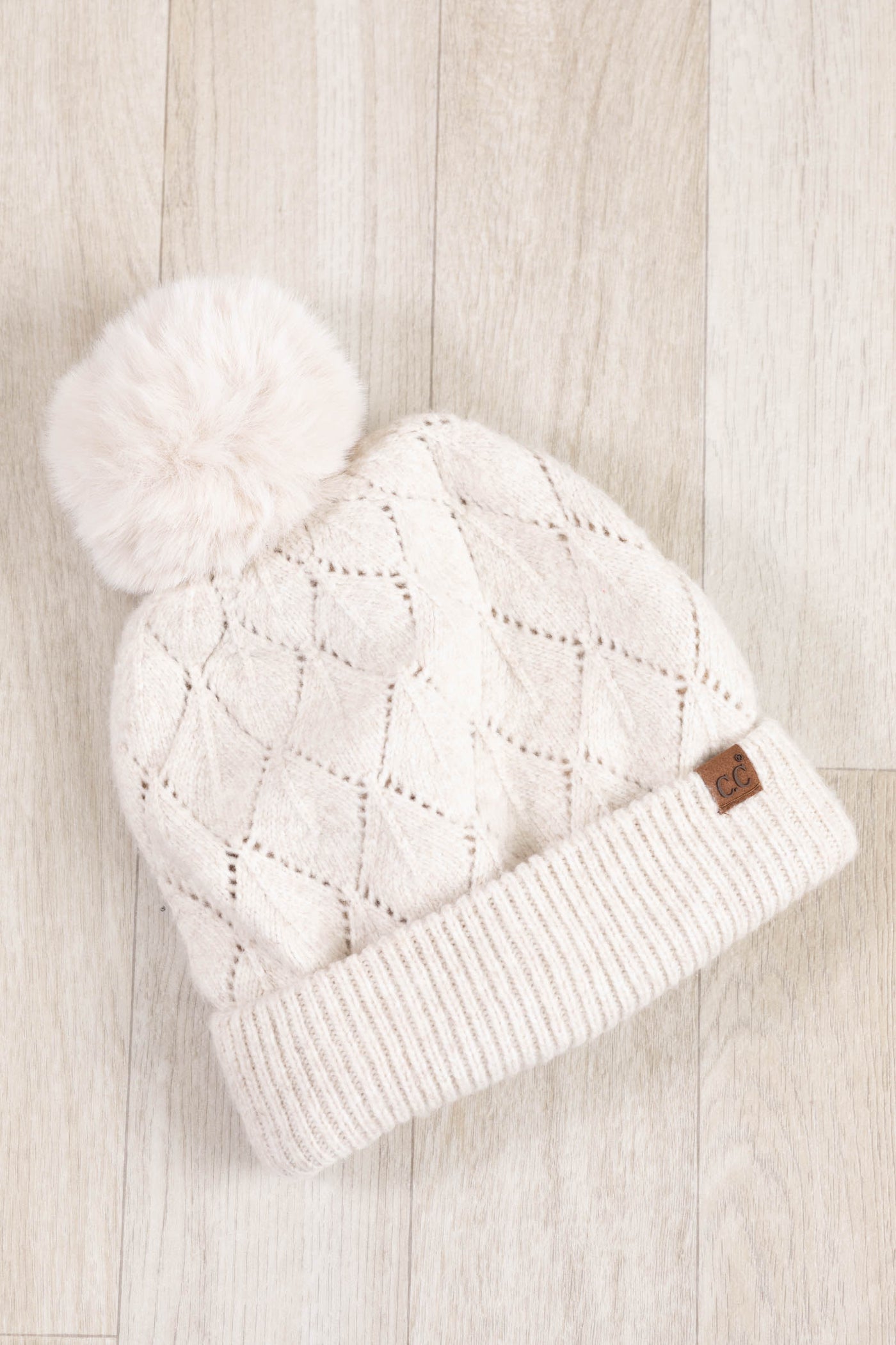 Leaf Pattern Faux Fur Pom Beanies