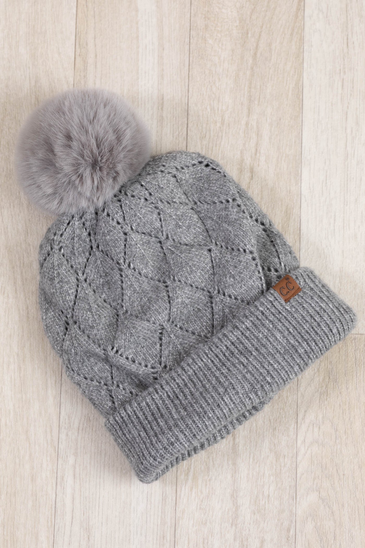 Leaf Pattern Faux Fur Pom Beanies