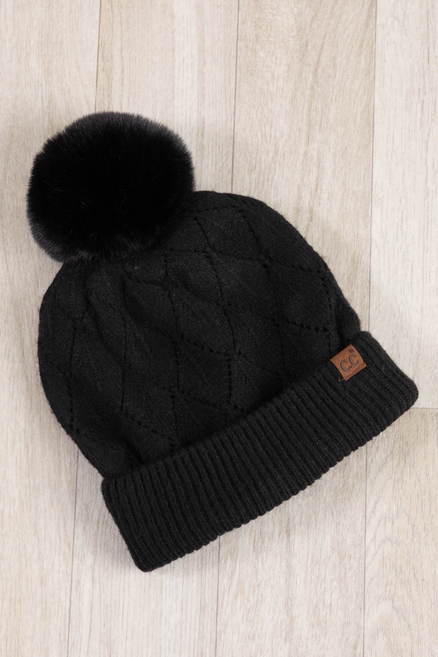 Leaf Pattern Faux Fur Pom Beanies