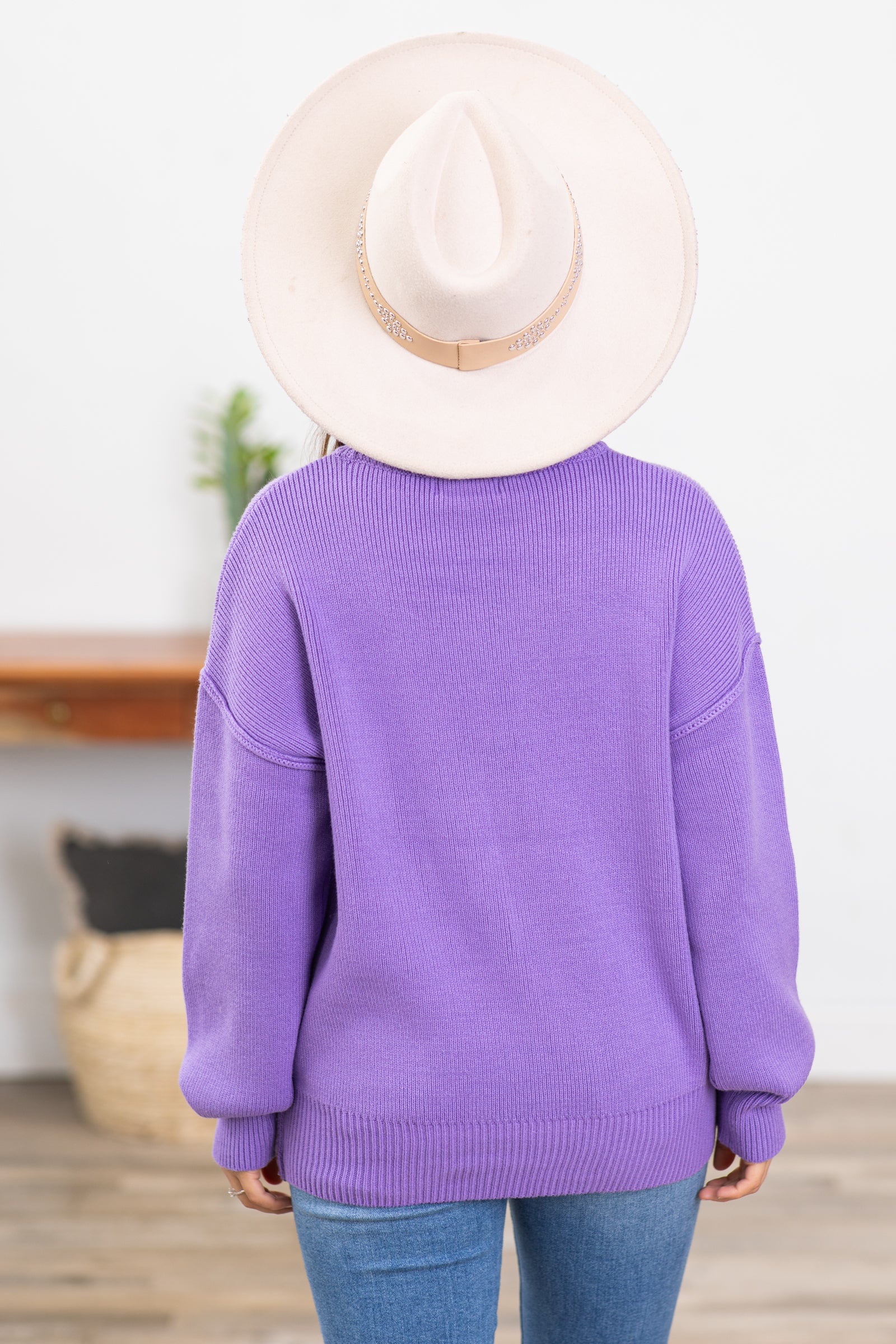 Lavender Drop Shoulder Ribbed Trim Sweater