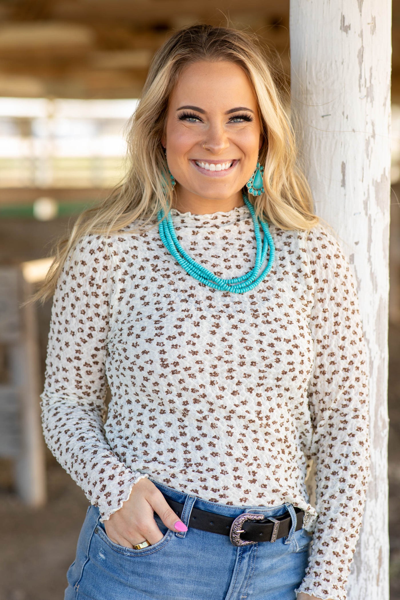 Ivory Floral Print Mock Neck Knit Top