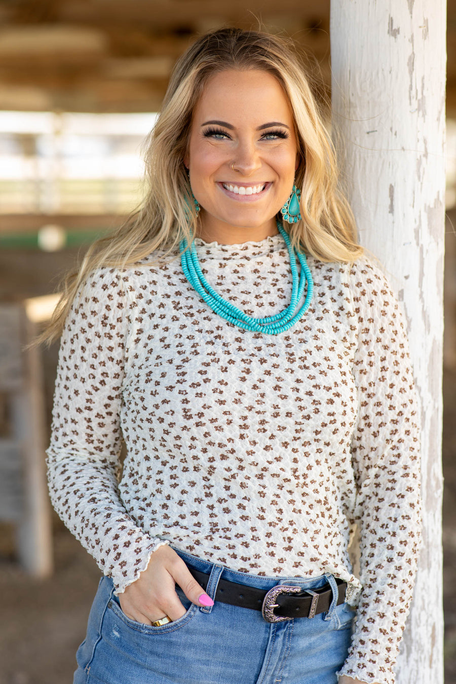 Ivory Floral Print Mock Neck Knit Top