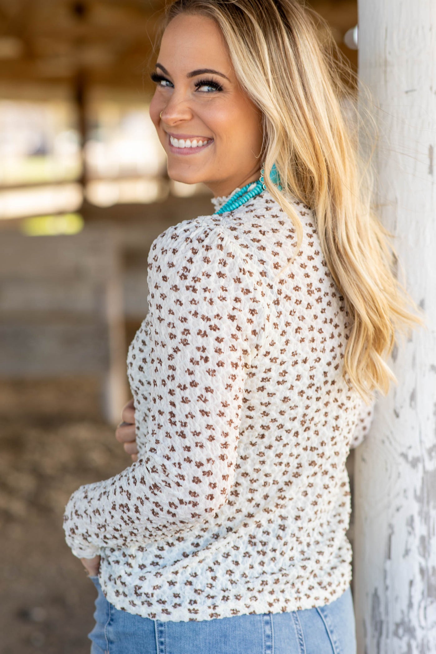 Ivory Floral Print Mock Neck Knit Top