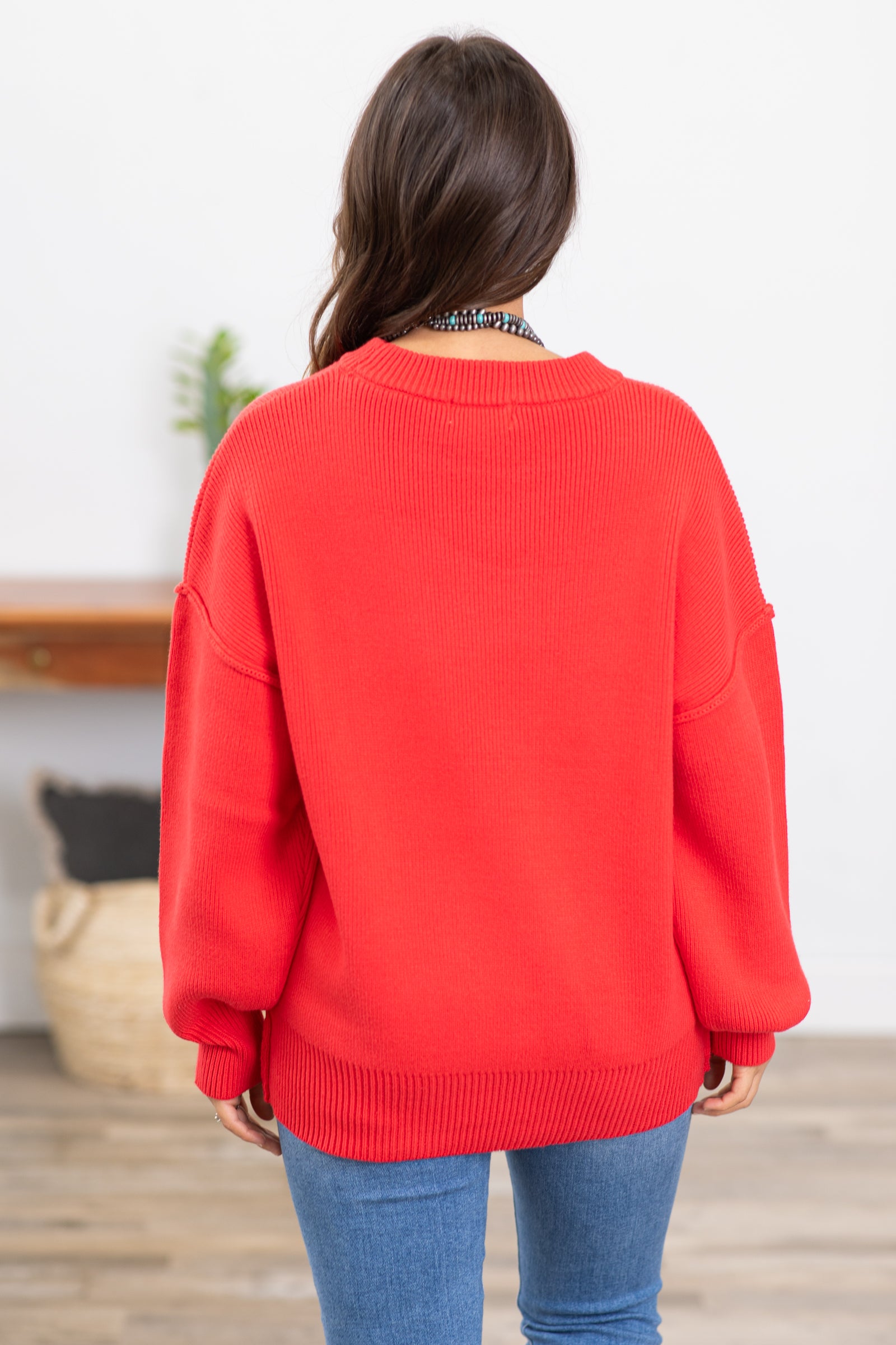 Red Drop Shoulder Ribbed Trim Sweater