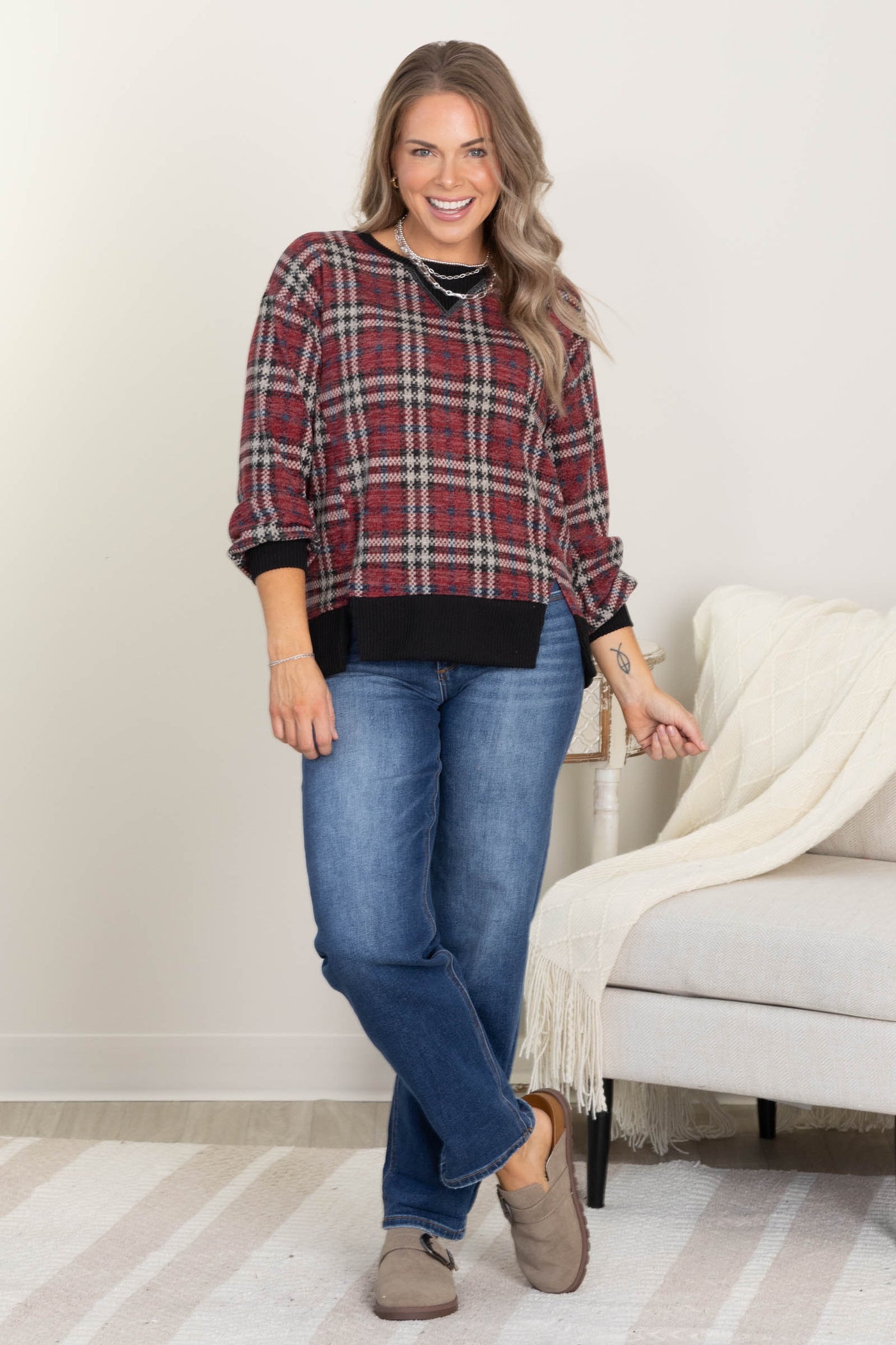 Checker Plaid Knit Long Sleeve Tops