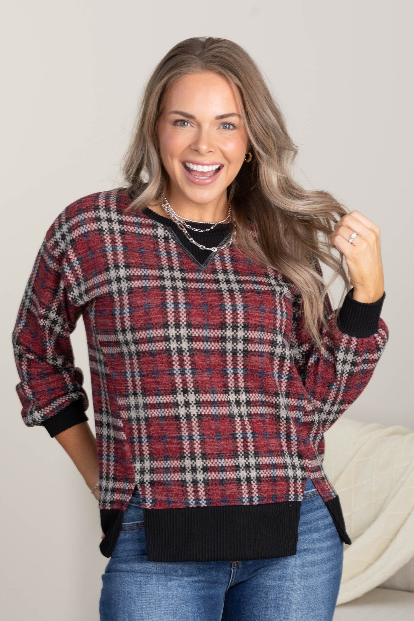 Checker Plaid Knit Long Sleeve Tops