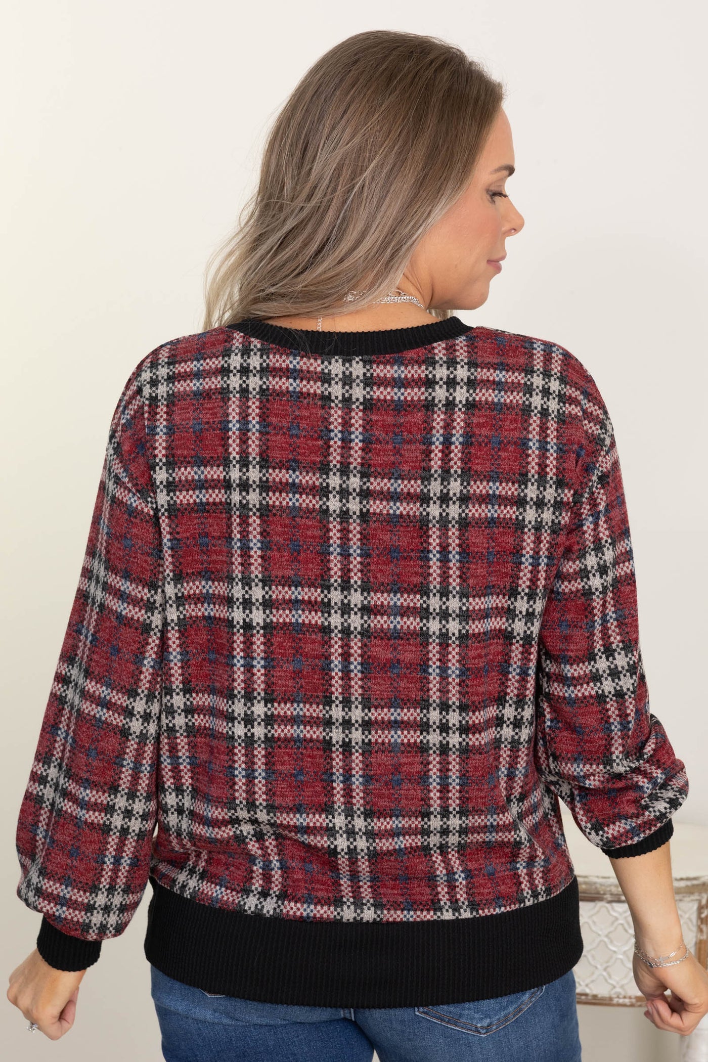 Checker Plaid Knit Long Sleeve Tops