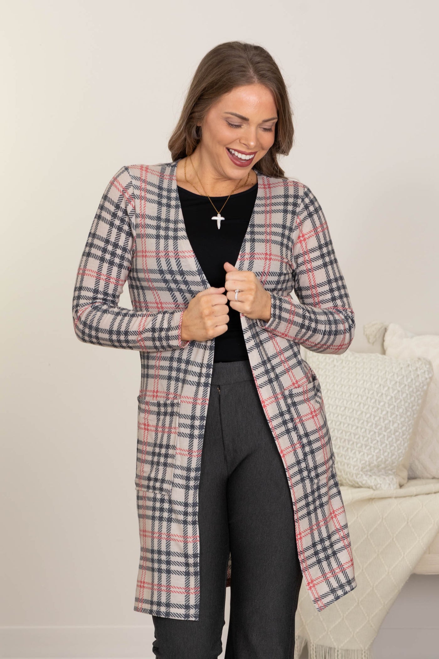 Plaid Duster Cardigans With Pockets