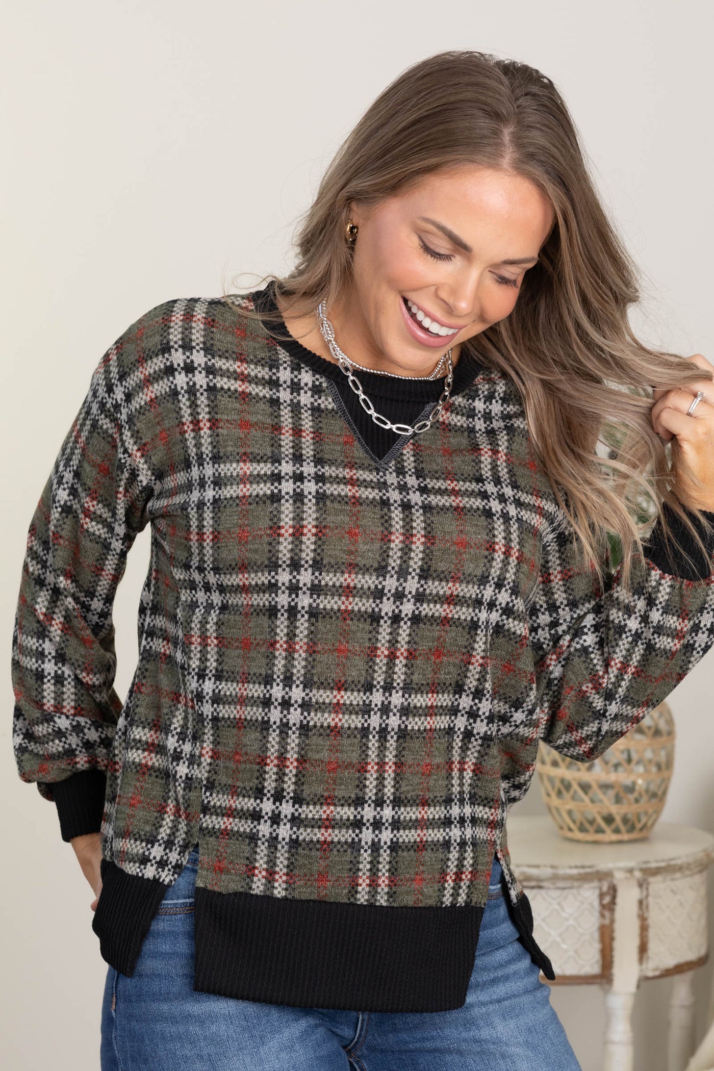 Checker Plaid Knit Long Sleeve Tops