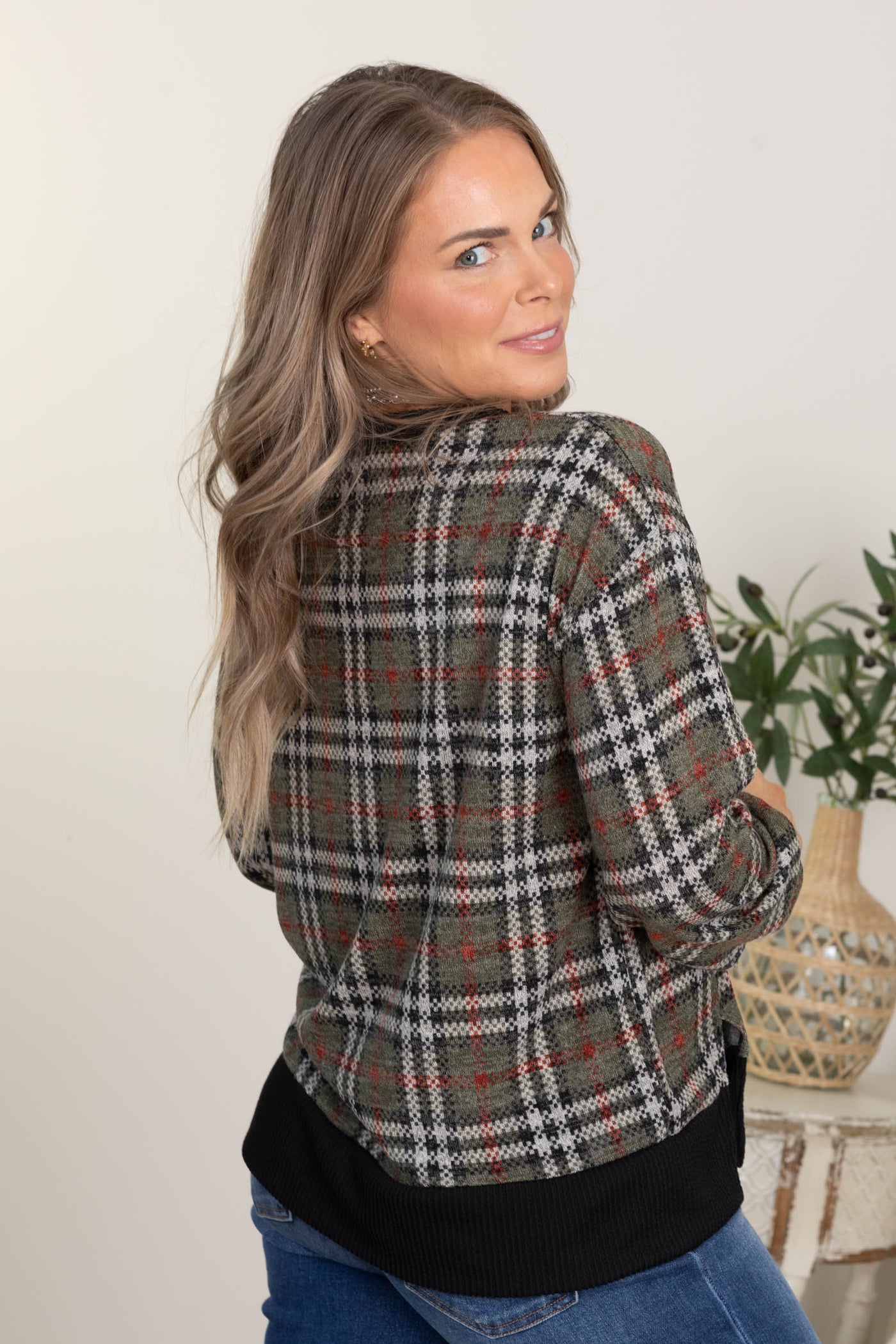 Checker Plaid Knit Long Sleeve Tops
