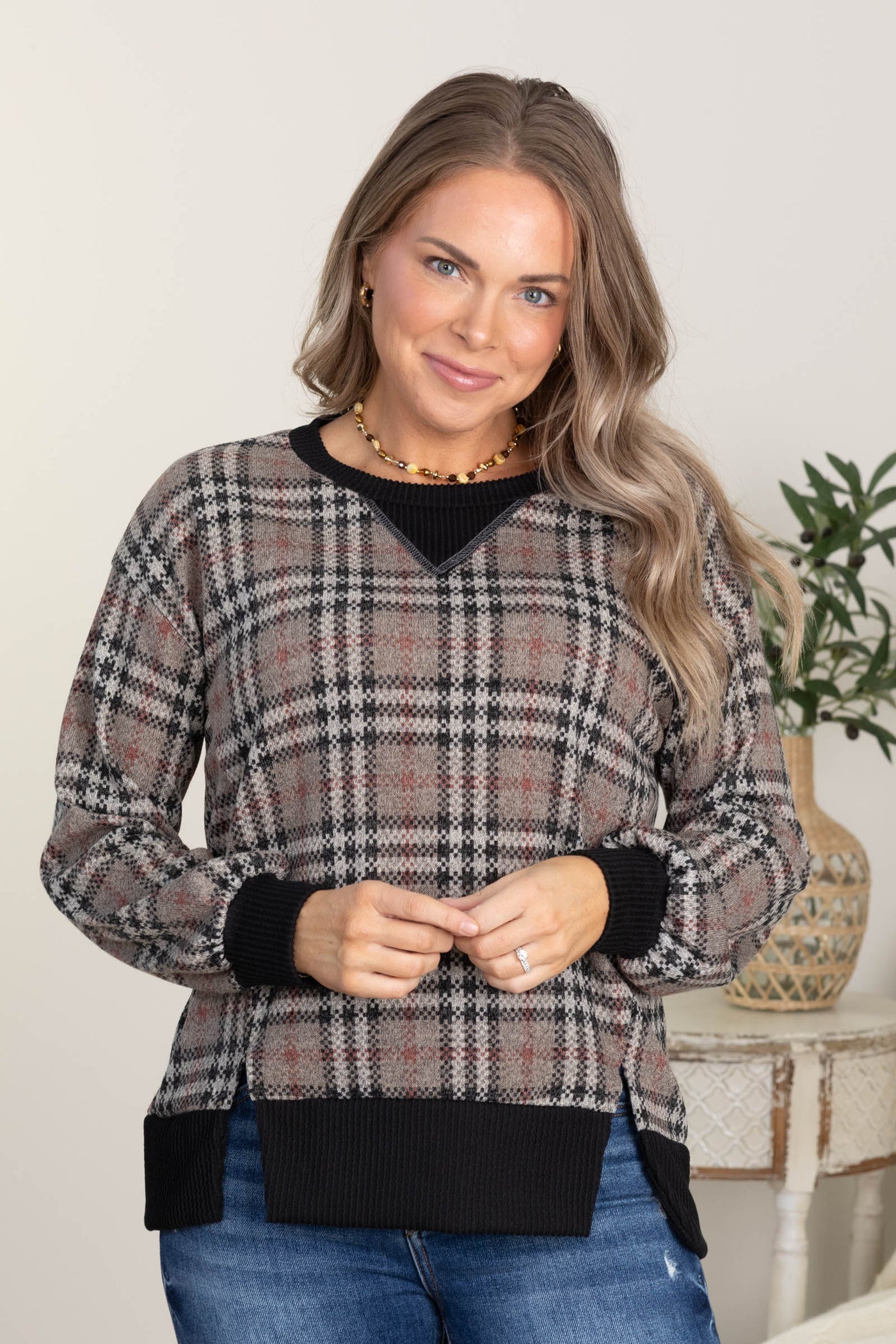 Checker Plaid Knit Long Sleeve Tops