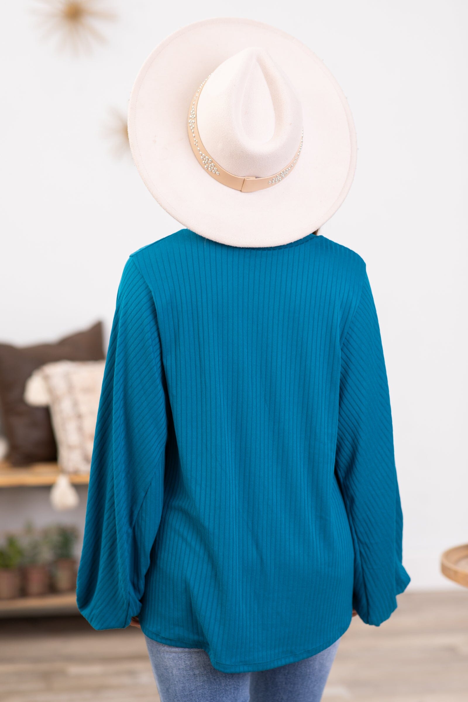 Teal V-Neck Balloon Sleeve Top - Filly Flair