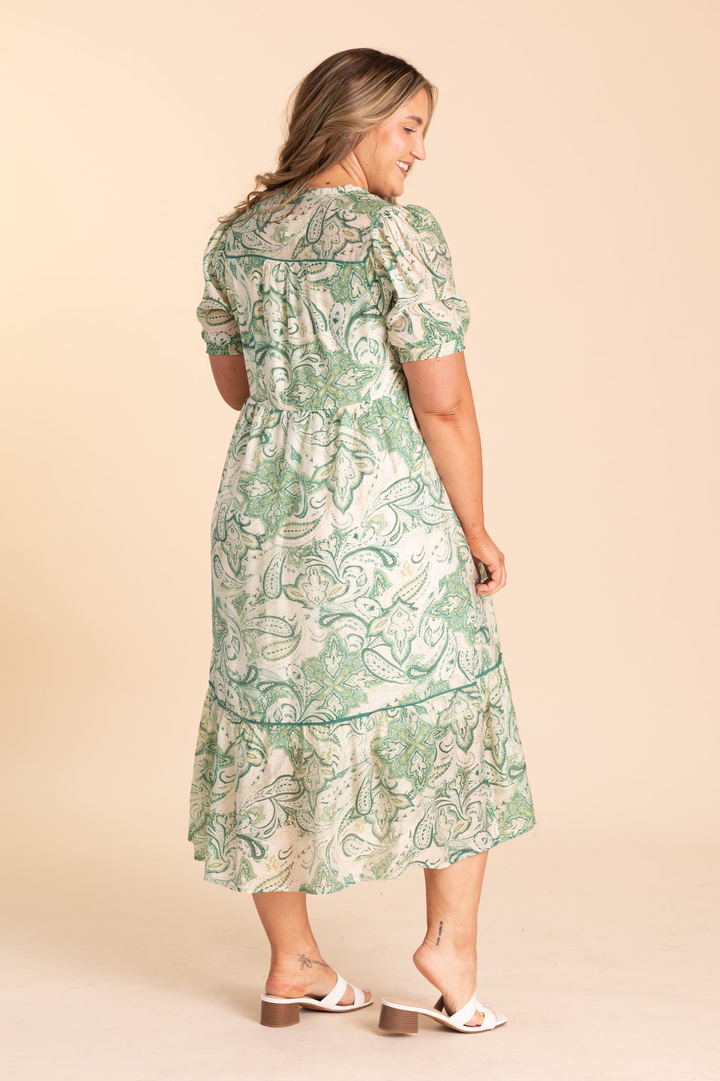 Green Swirl Print With Front Tie Midi Dress - S Green Swirl Print With Front Tie Midi Dress - S